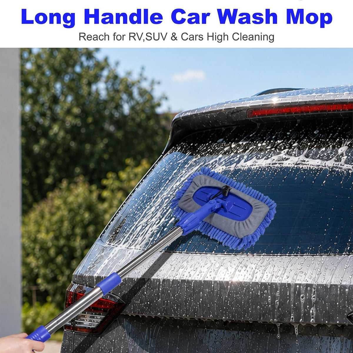 20"-29" Retractable Stainless Steel Handle, Car Wash Brush Mop Cleaning Tool , Wash Mop Car Detailing Cleaning Brush Care Kit for Cars Truck, Sedan, SUV, RV, Trailer