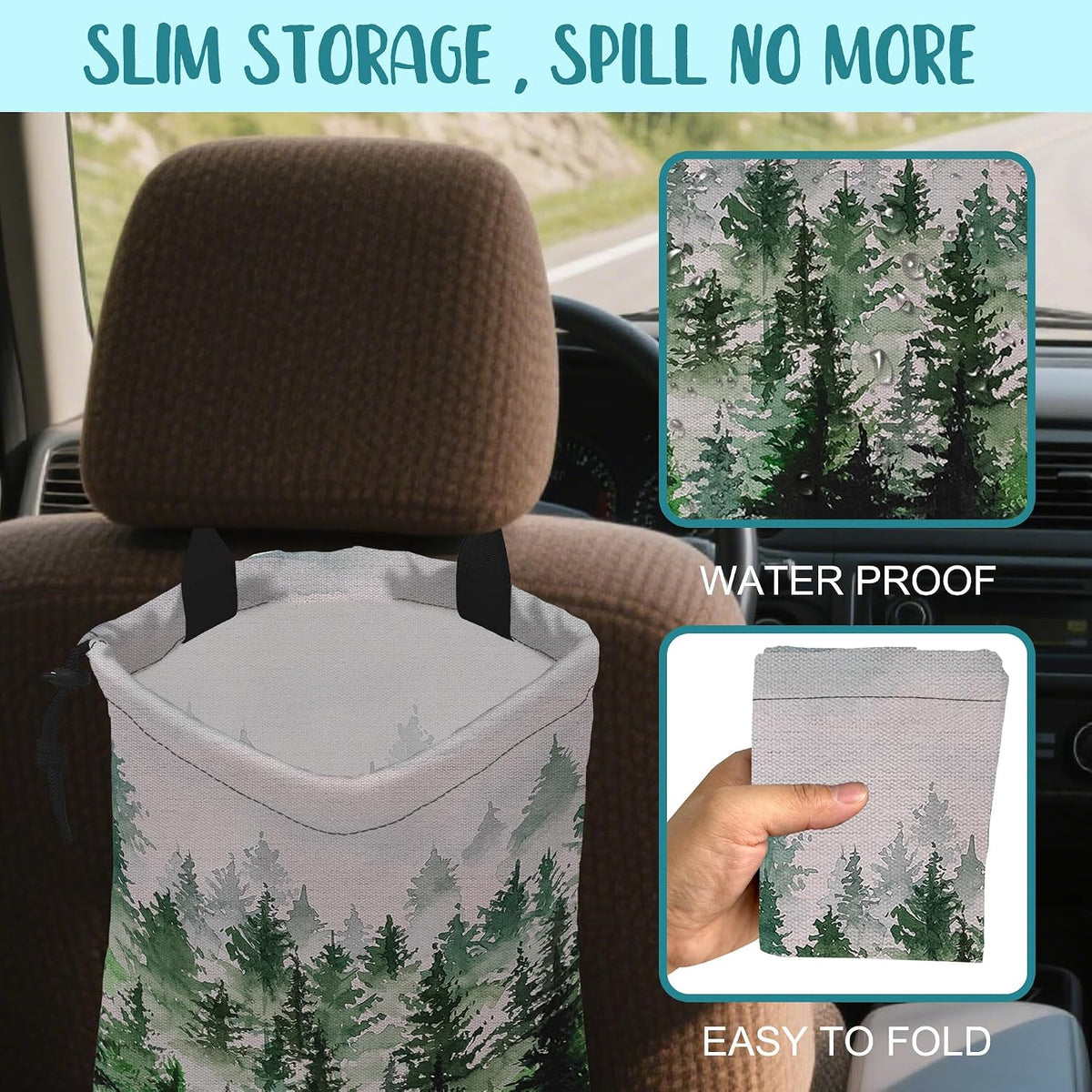 Car Trash Bag Foggy Forest Hanging Drawstring Car Organizer and Storage Bag with Adjustable Buckle Canvas Garbage Bin for Back Seat or Hanging Headrest Car Decor Road Trip Essentials