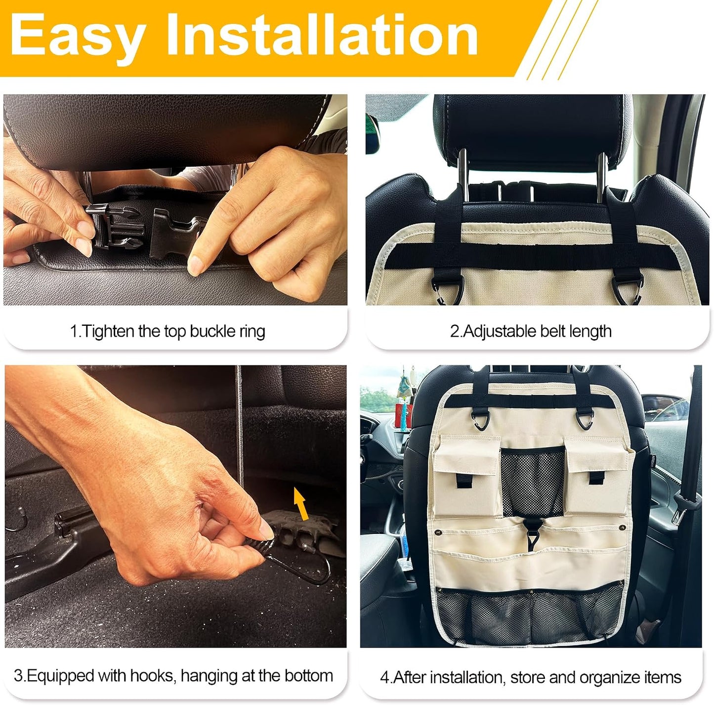 Car Seat Back Organizer with Multiple Storage Pockets, Black Mesh and Fabric, Universal Fit (beige)