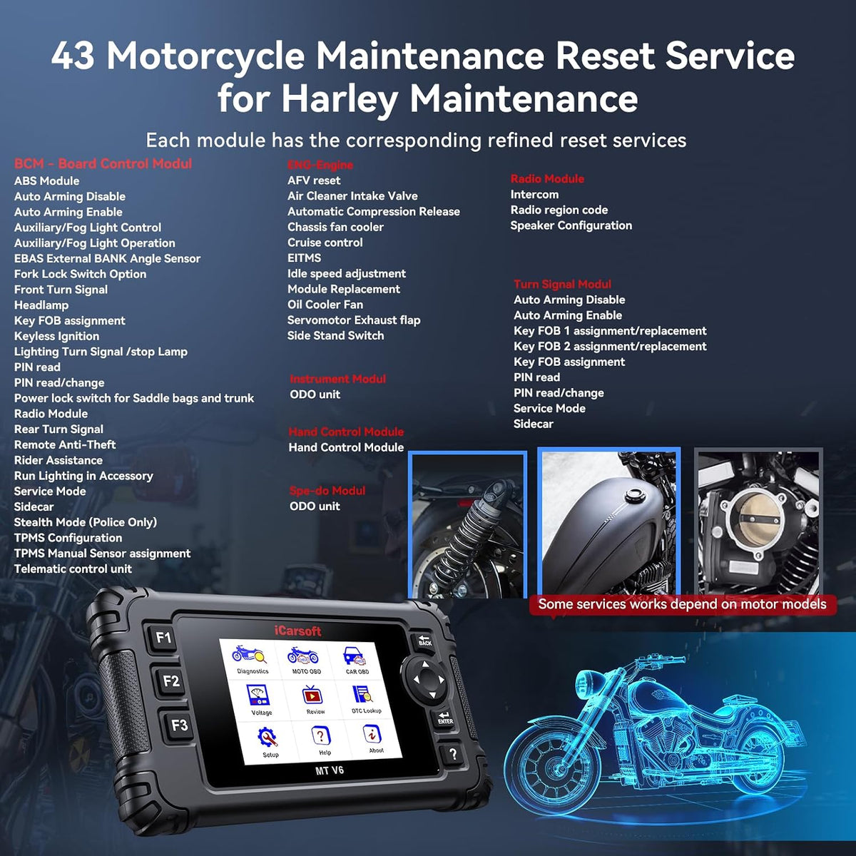 iCarsoft MT V6 Motorcycle Diagnostic Scan Tool for Harley, 57 Reset Services, 43 Actuation Test, Battery Test, All Motorbike System Diagnose, Read/Clear Codes, Live Data,Also Car OBD2 Diagnose