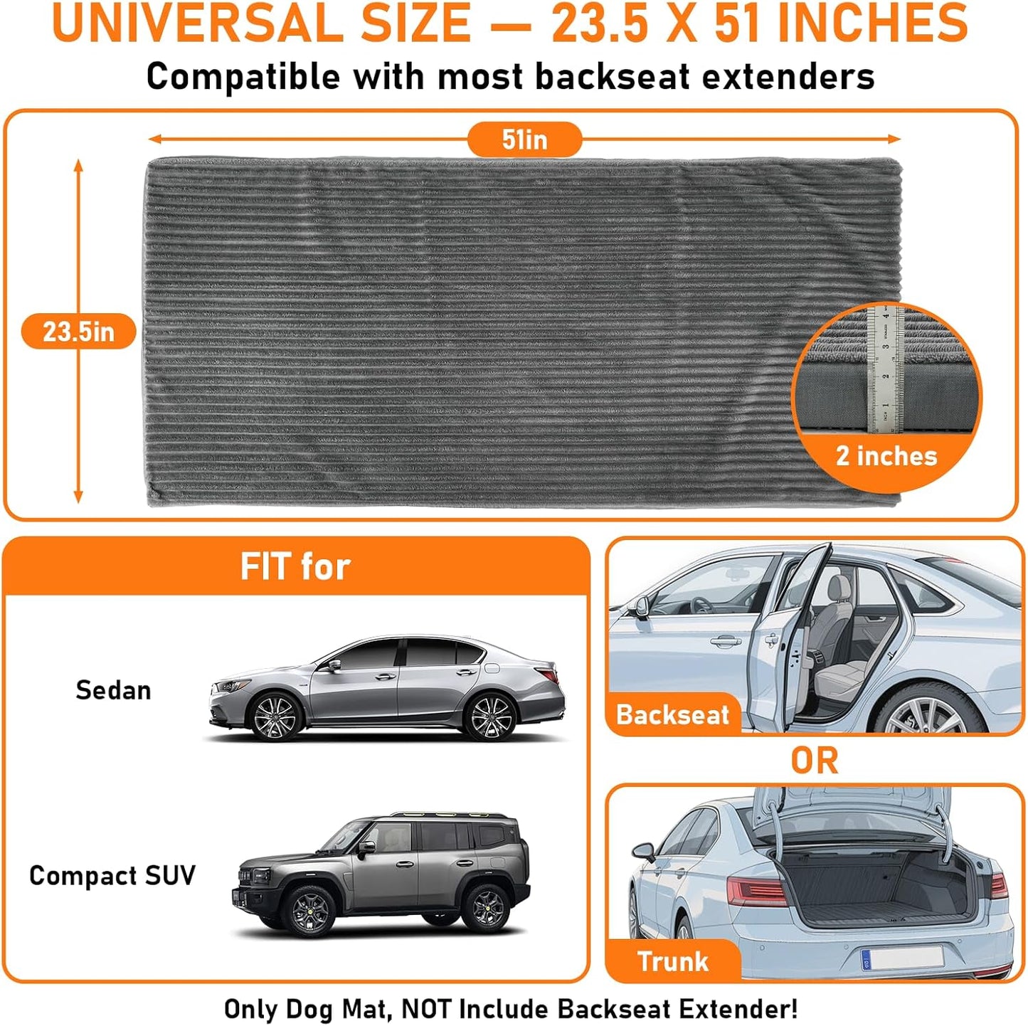 Backseat Dog Bed Mat, 2in Waterproof Dog Bed for Car, 23.5x51in | Fits Sedan & Compact Suv, 2-Inch High-Resilience Foam, Removable Cover, Machine Wash, Suitable for Travel, Camp, Home, Grey