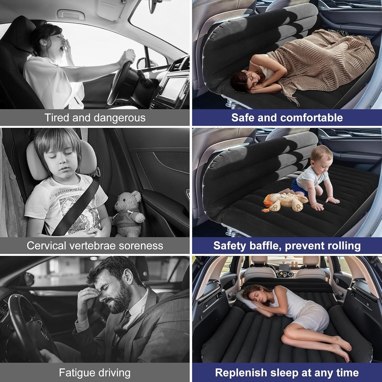 SUV Car Air Mattress – Inflatable Back Seat Bed with Electric Air Pump, Portable Camping Travel Sleeping Pad, Blow Up Car Bed (Black)