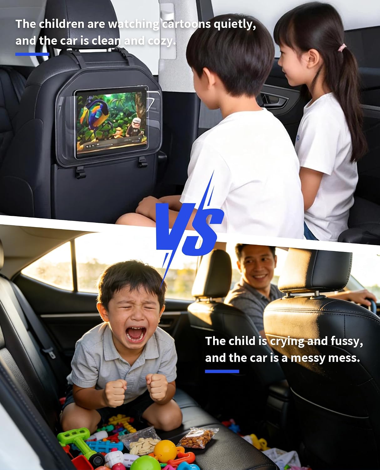 Car Tablet Holder, Backseat Headrest Mount for iPad, Adjustable Seat Organizer with Touch Screen Pocket & Storage Hooks, Fits 7-11 Inch Tablets, Kids Travel Accessory
