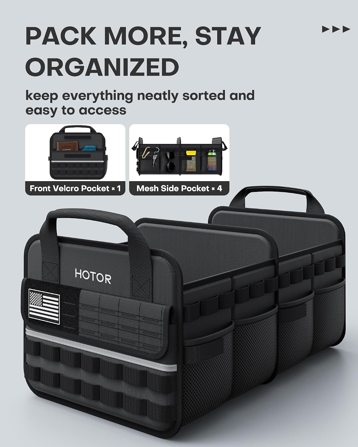 HOTOR Tactical Car Trunk Organizer - Foldable Trunk Organizer for SUV with Front MOLLE Pocket & Reflective Strips, Essential Car Accessories for Tools & Outdoor Storage, 12.8" x 21.7" x 11.0", Black