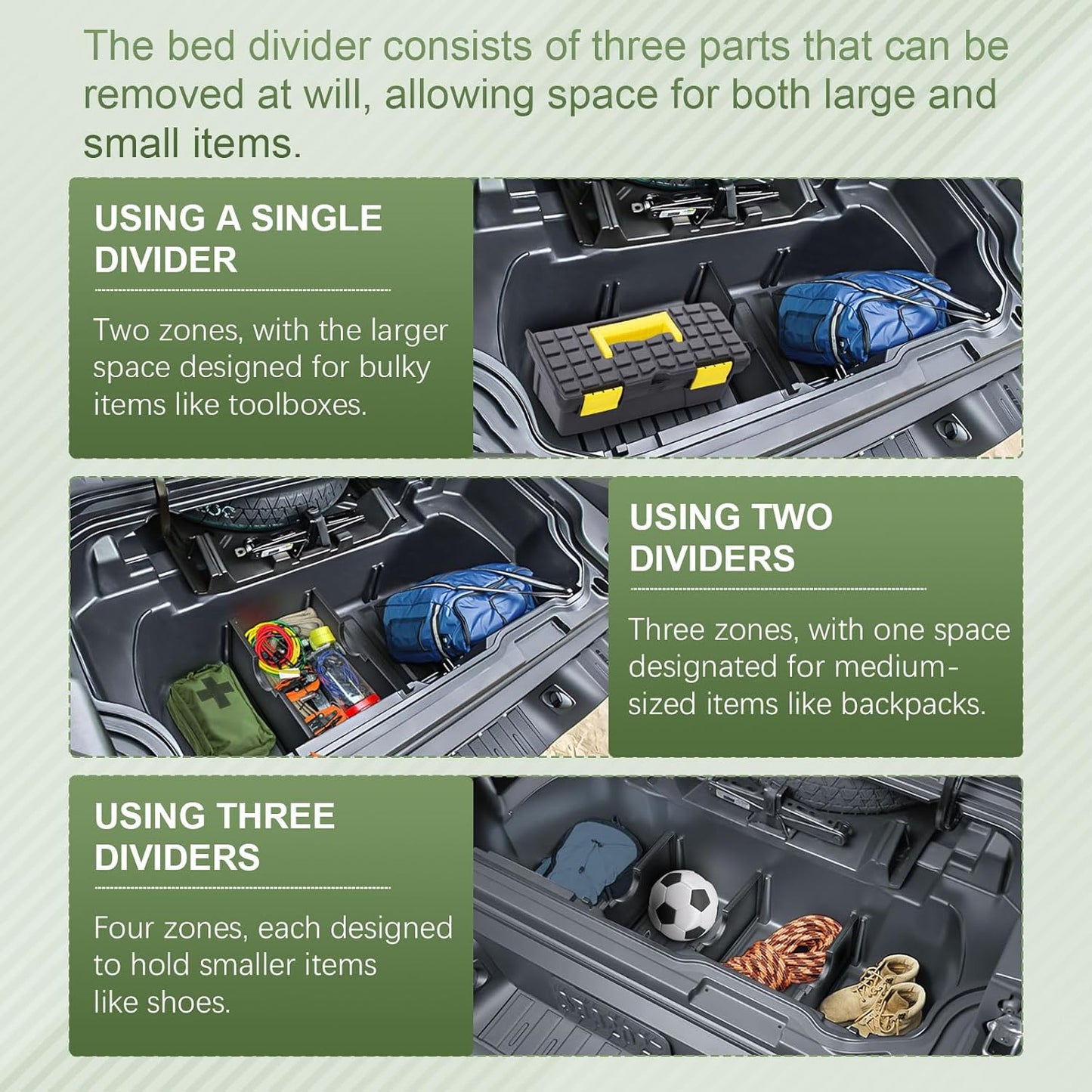 HGWEI Trunk In-Bed Dividers Compatible with 2017-2026 Honda Ridgeline Accessories Trunk Cargo Organizer Tailgate Rear Insert Compartment Tray (3Pcs)