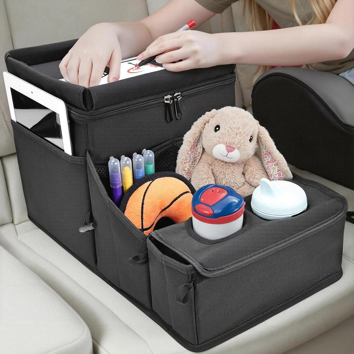Car organizer for kids ，Backseat Organizer for Kids and Passenger Seat Organizer for Adults ，Car Seat Cooler and Warmer with Cup Holders and Convertible Tray Lid(Black)