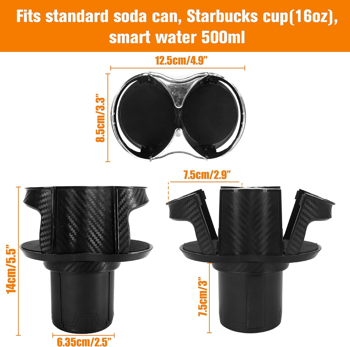 Double Cup Holder for Car, 2 in 1 Extra Cup Insert with Expandable Base, Multifunctional Extender Expander Adapter with Elastic Open-Close Cup Mouth, Adjustable Bracket FOR 2.1''-2.9'' BOTTLE DIAMETER