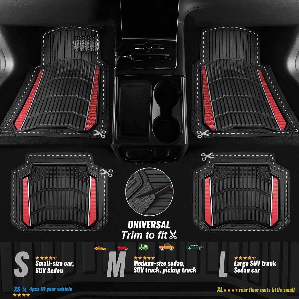 CAR PASS Heavy Duty Rubber Car Floor Mats, Deep Waterproof Car Floor Mats All Weather, Aluminum Film Floor Mats for Cars Non-Slip Universal Trim to Fit for SUVs Trucks Sedans Vans, Black Red Metallic