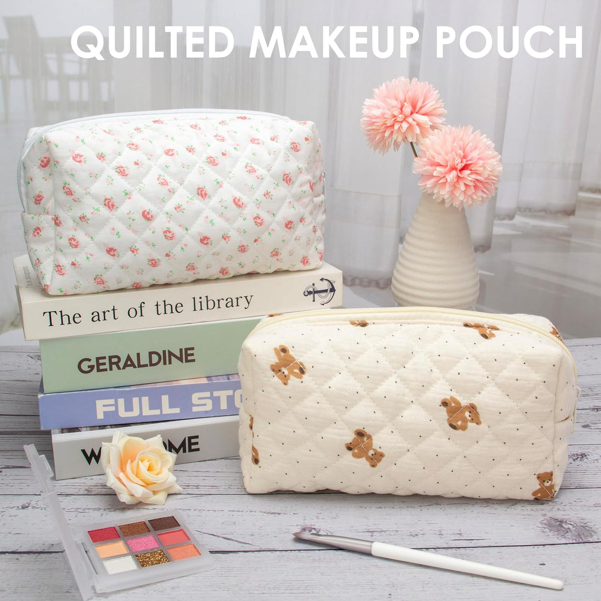 PAZIMIIK Small Quilted Makeup Bag,Zipper Cosmetic Pouch,Gauze Bear,6 Pack