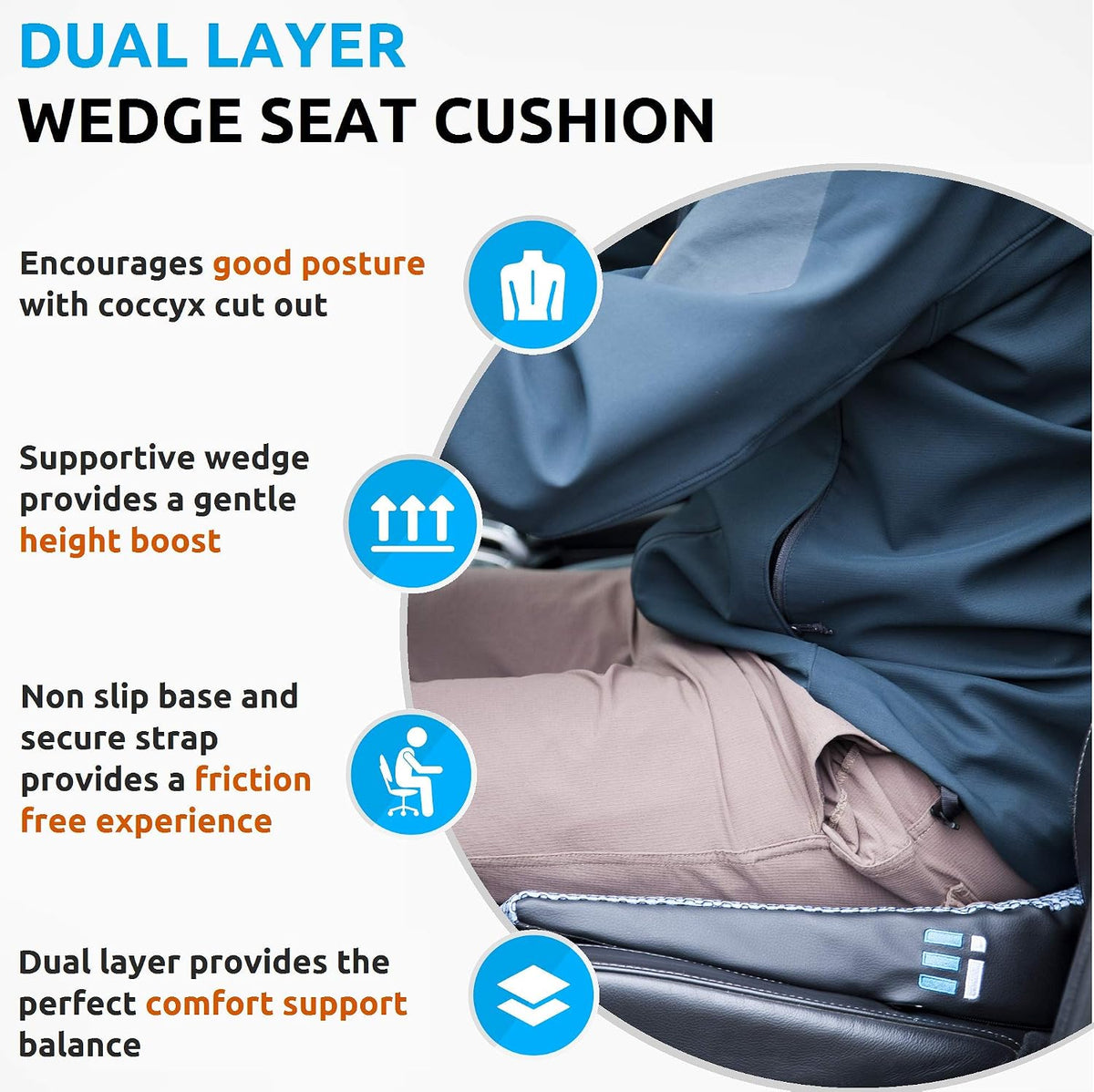 Premium Wedge Car Seat Cushion for Driving - Sciatica Seat Cushion for Car, Office, Home, Back Pain, Hip Support, Sciatica Pain Relief - Ergonomic Non-Slip Memory Foam Driving Pillow 17.5 x 15 x 3.5
