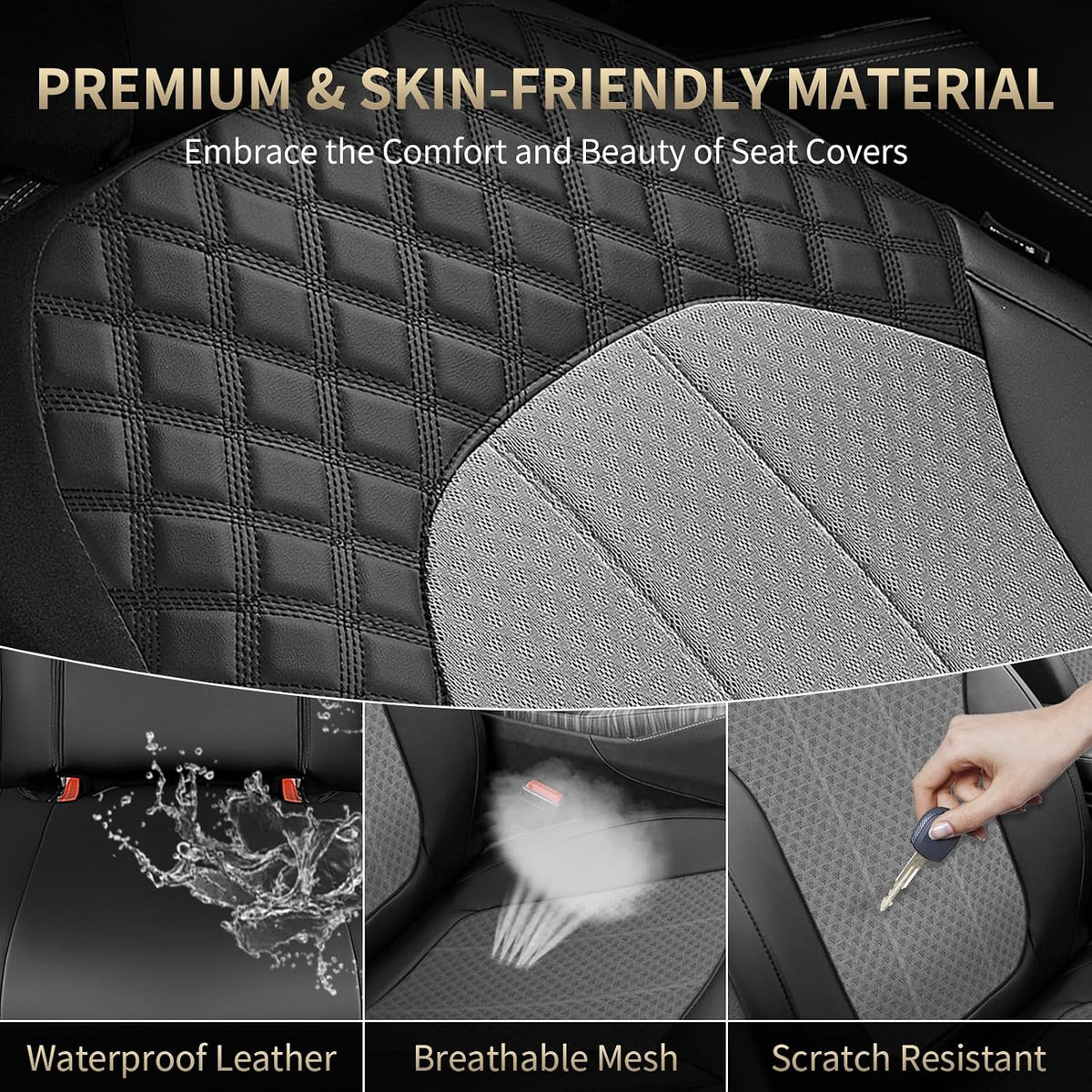 FLORICH Automotive Seat Covers 2 Seats Breathable Front Car Seat Cover Leather Air Mesh Car Seat Protector Cushion Airbag-Compatible Universal Fit for Most Car SUV Sedan Truck, Gray&Black