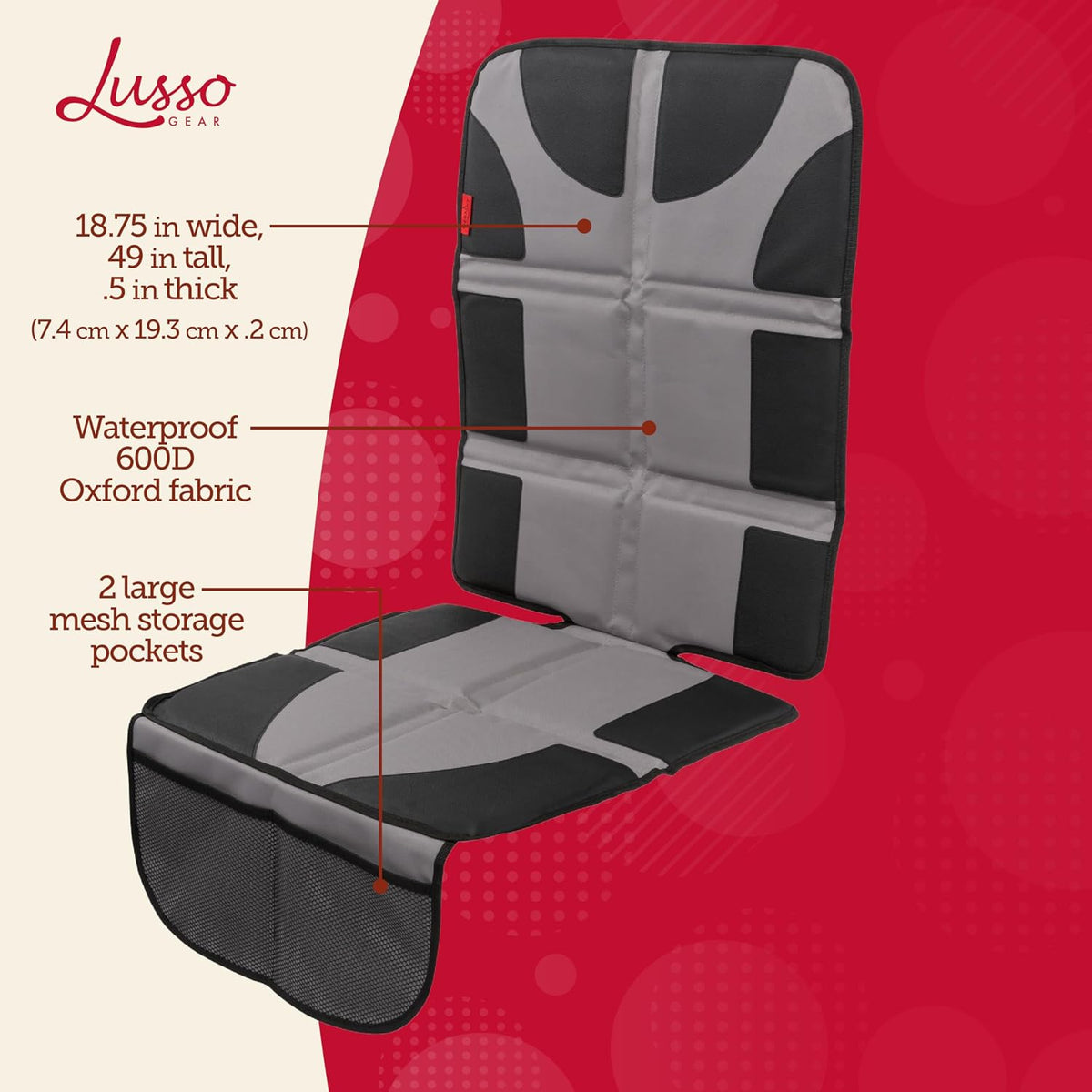 Lusso Gear Car Seat Protector - Waterproof Seat Protector & Non-Slip Backing - Waterproof Car Cover & Easy Clean-Up - Dual Mesh Storage Pockets & Travel Convenience - Gray