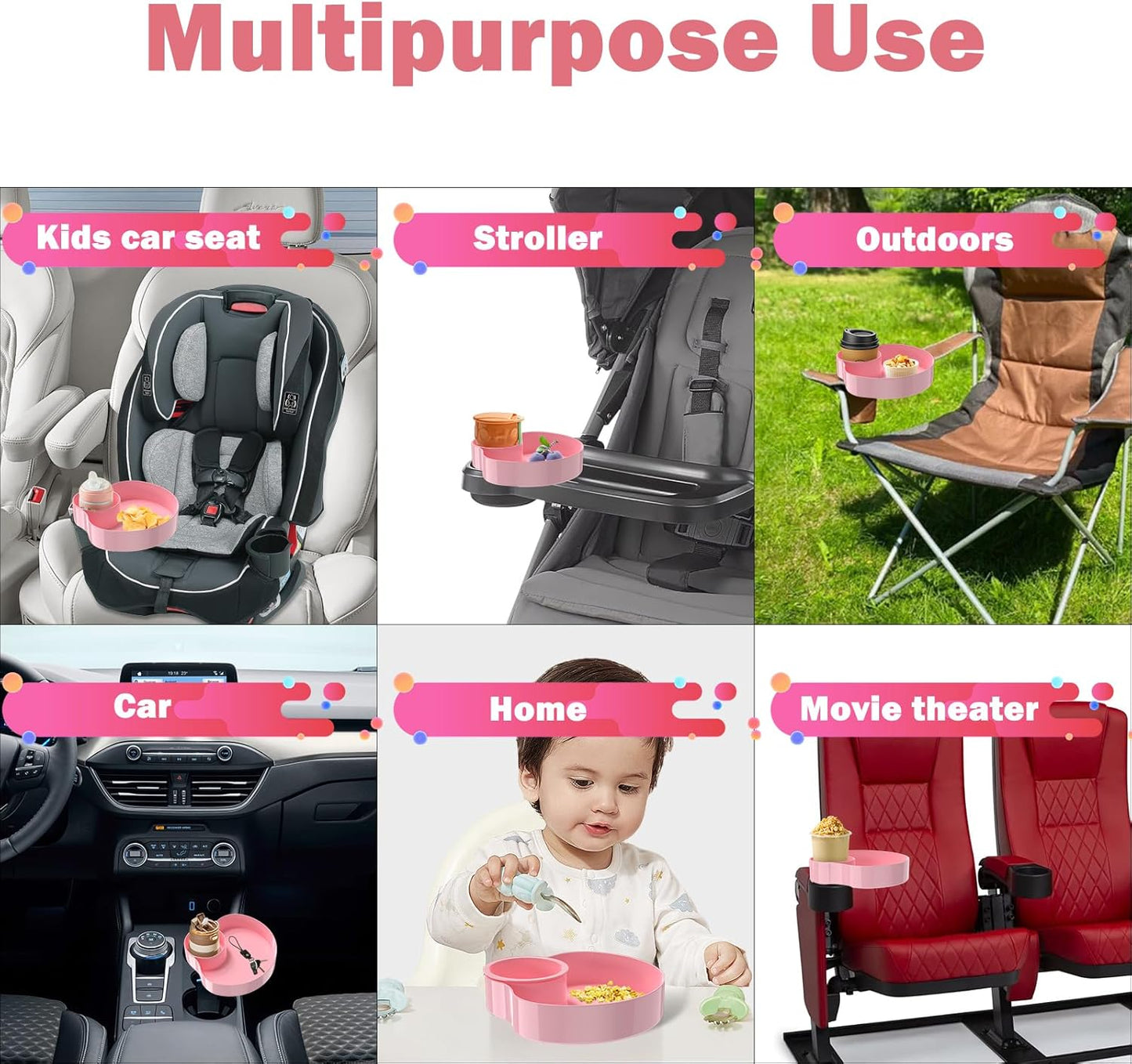 Kids Car Seat Tray, Travel Tray with Cup Holder for Toddler Baby, Kids Car Seat Food Snack Organizer for Road Trip, Stroller snack tray travel must haves - Pink