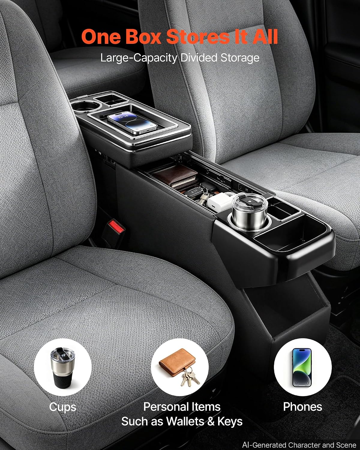 VEVOR Center Console Between Seat Floor Mount Console Storage Box, Central-Console Tools Organizer with Sliding Lid, Cups Holders & Multiple Storage Compartments for Trucks, Minivans, SUVs