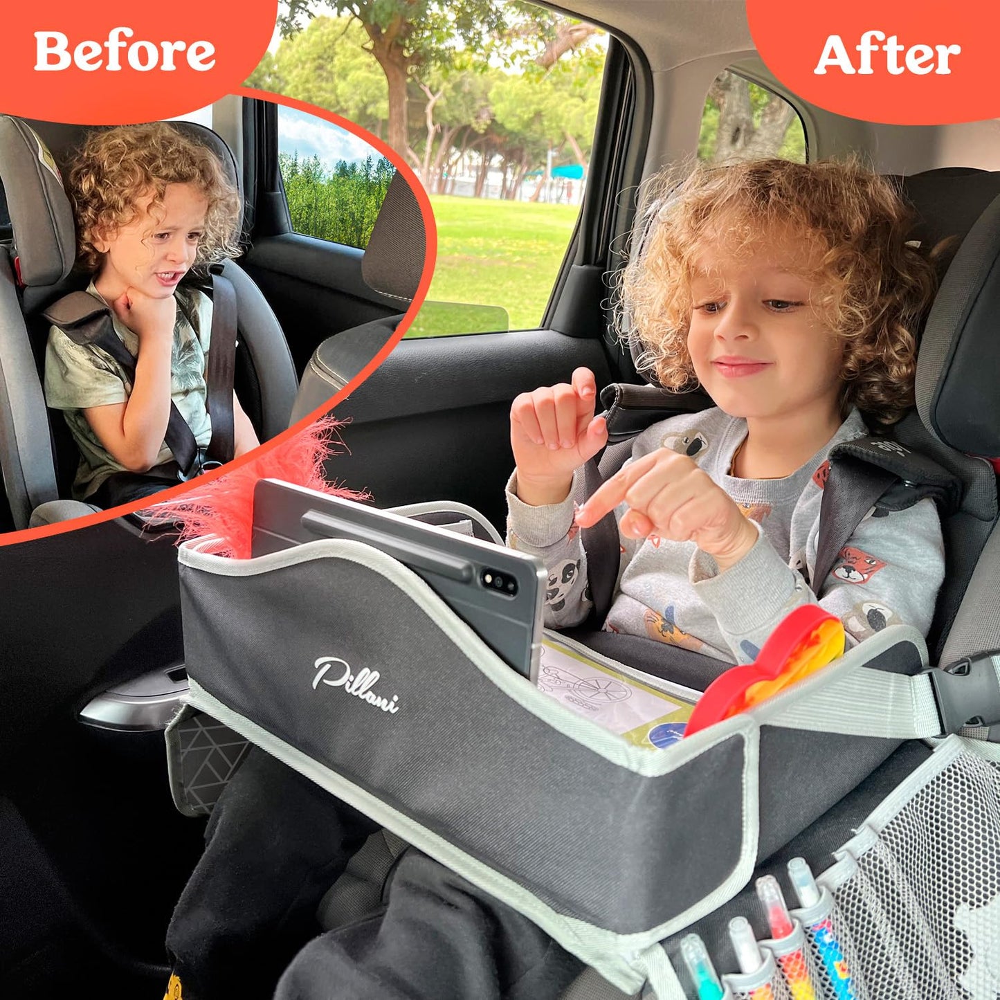 PILLANI Kids Travel Tray for Car - Car Seat Tray for Toddler - Road Trip Essentials Kids w/ iPad Holder Stand, Carseat Table Tray for Kids Road Trip Activities, Toddler Lap Desk Organizer for Airplane