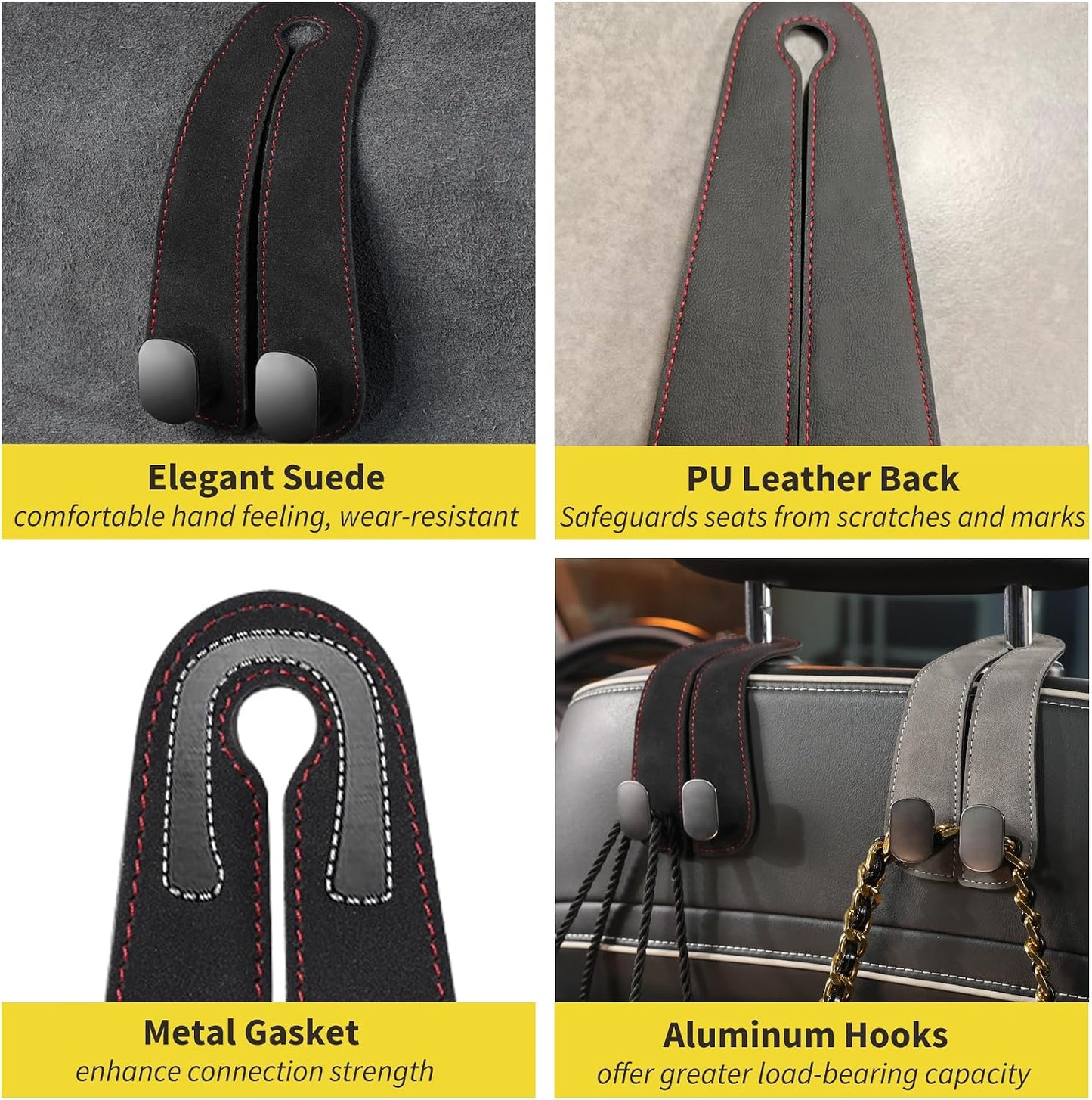 WEIHAO Purse Hook for Car Headrest, Suede Car Seat Back Storage Hook, Aluminum Twin Hooks Leather Car Headrest Hangers, Bag Holder for Sedan, Trucks, SUVs, Most Vehicles (Black-2PCS)