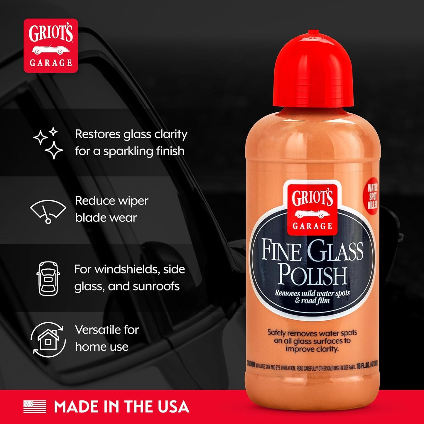 Griot's Garage Fine Glass Polish, Car Window, Windshield Polishing Cleaner for Automotive and Home, Removes Stains and Water Spots, 11017, 16 oz