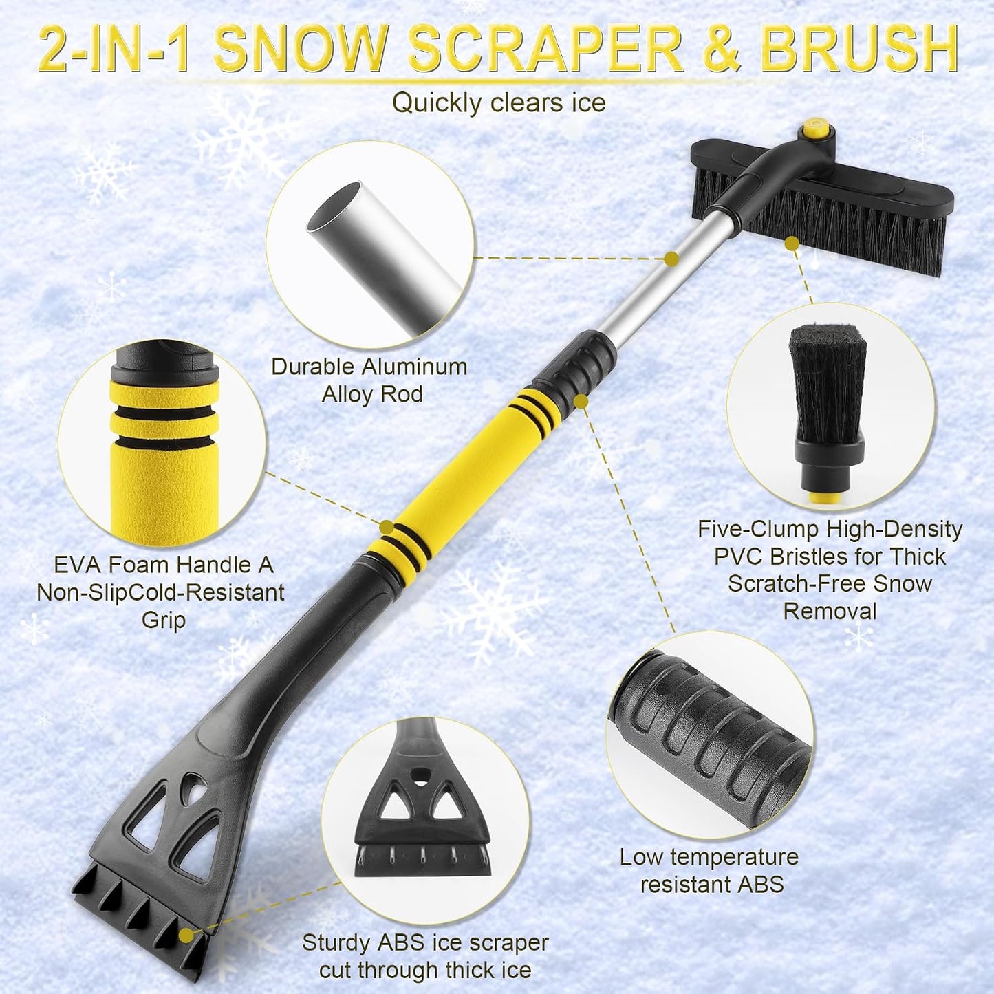 LivTee 32" Extendable Ice Scraper & Snow Brush for Car Windshield, 360° Rotating Snow Removal Tool for Cars, Trucks & SUVs, Automotive Winter Essentials & Car Accessories for Men, Yellow