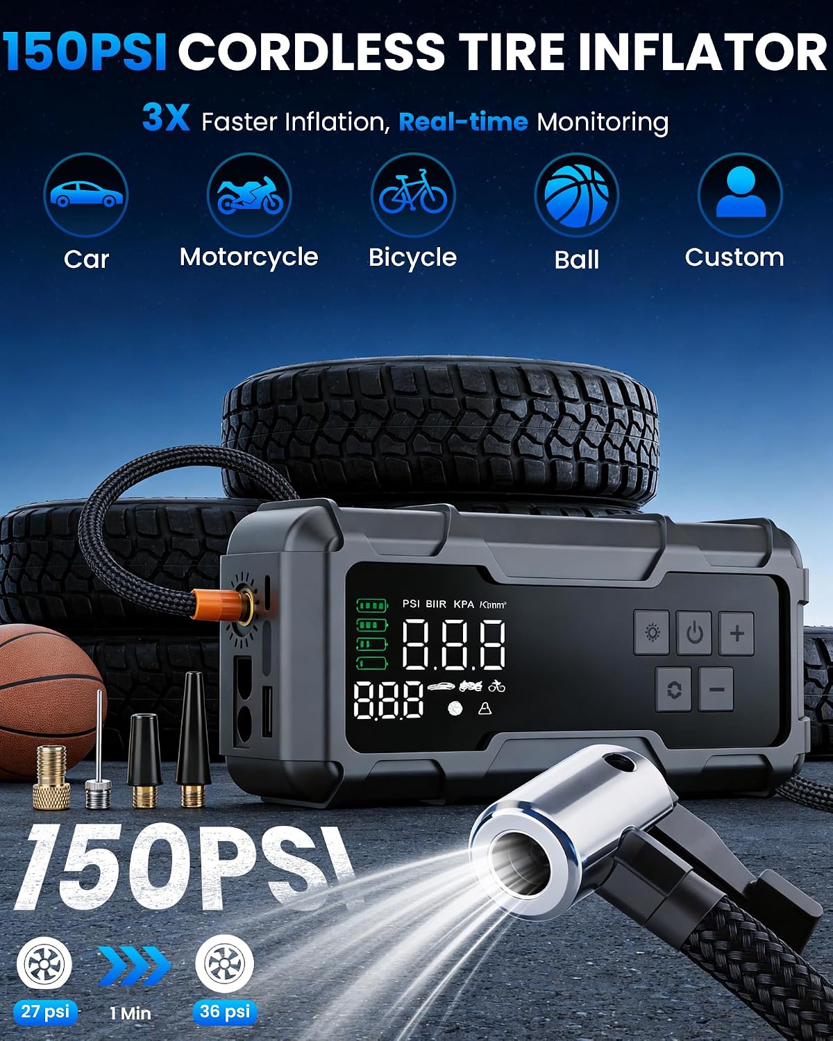 150 PSI 8000A Tire Inflator Portable Air Compressor, Jump Starter with Air Pump with Digital Gauge & LED Light, 12V Car Battery Jump Box with Power Bank for Car, Motorcycle, Bicycle, Ball