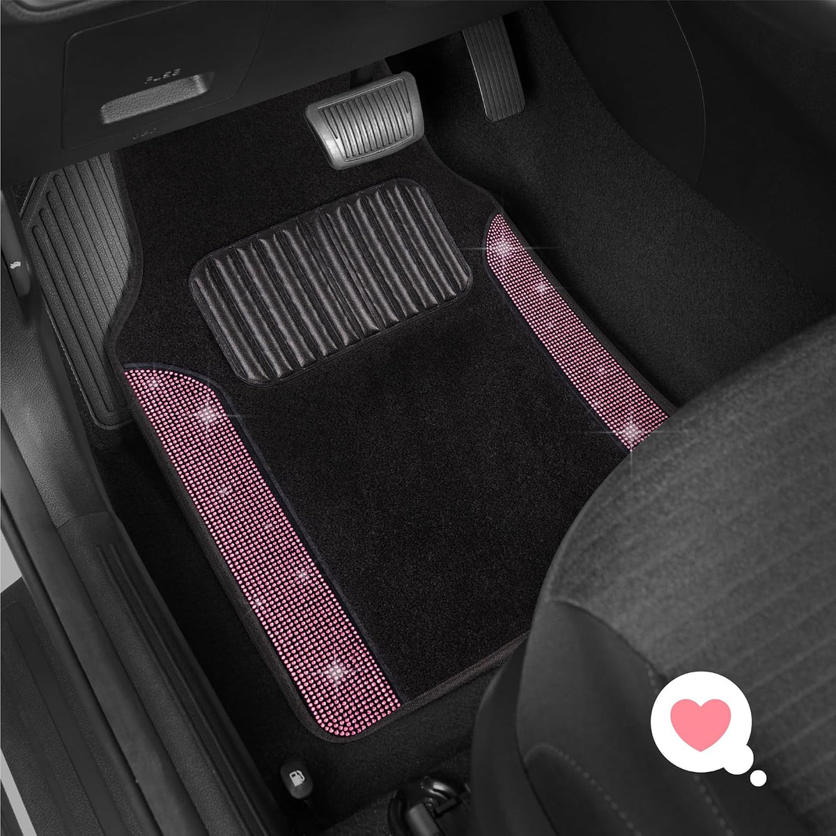 Carbella Diamond Bling Car Mats 4-Piece Set, Shiny Rhinestone Crystal Carpet Car Floor Mats, Two-Tone Floor Mats for Cars, Cute Automotive Interior Car Accessories for Women (Pink)