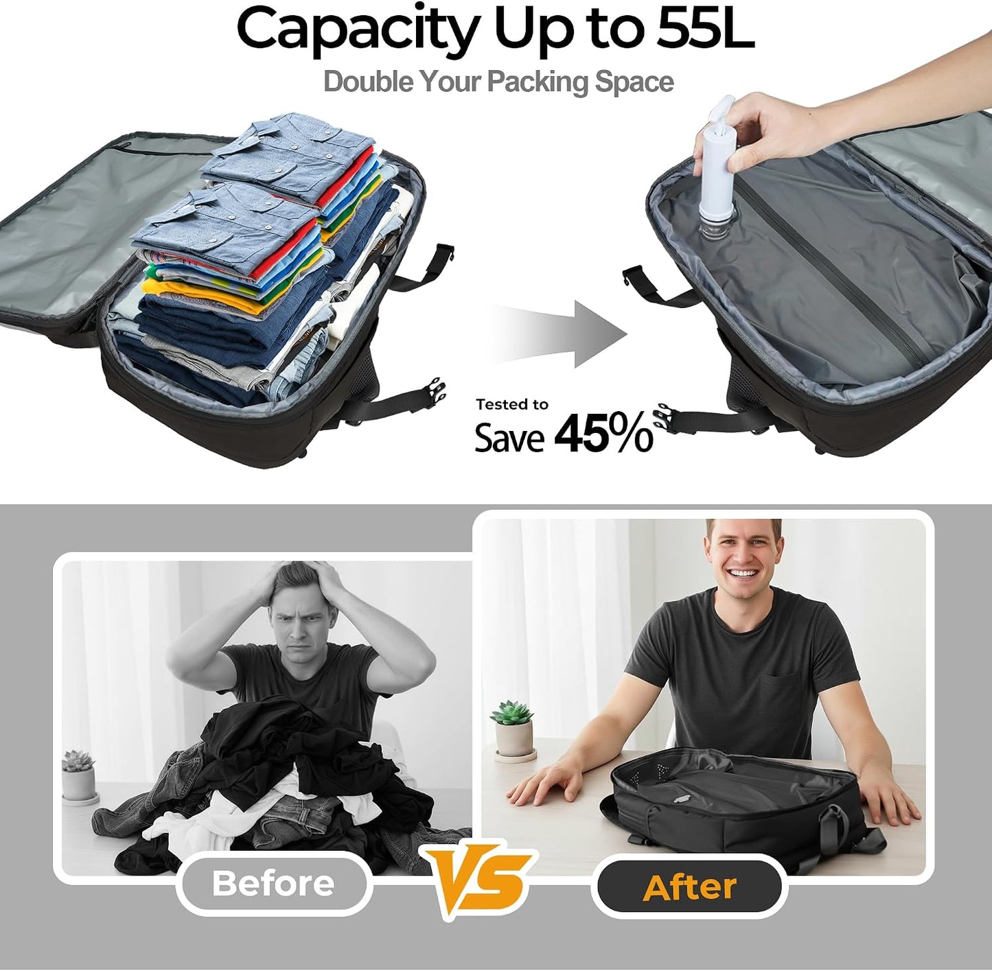Vacuum Compression Backpack, Carry-On Size Travel Backpack with Vacuum System and Pump & Nintendo Switch 2 Carrying Case, Slim Hard Shell Travel Case