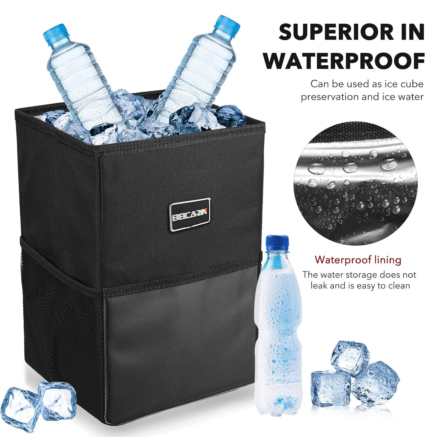 Car Trash Can with Lid - Trash Bag Hanging with Storage Pockets Leak-Proof SUV Organizer Collapsible and Portable Waterproof Truck Garbage Bin, 2.6 Gal Large Capacity Multipurpose Trash Bin for Van