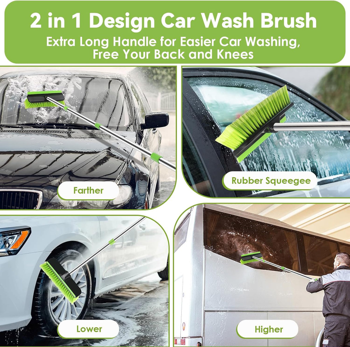 2 Pack Car Wash Brush with 62" Long Handle for Exterior Truck, RV, Boat