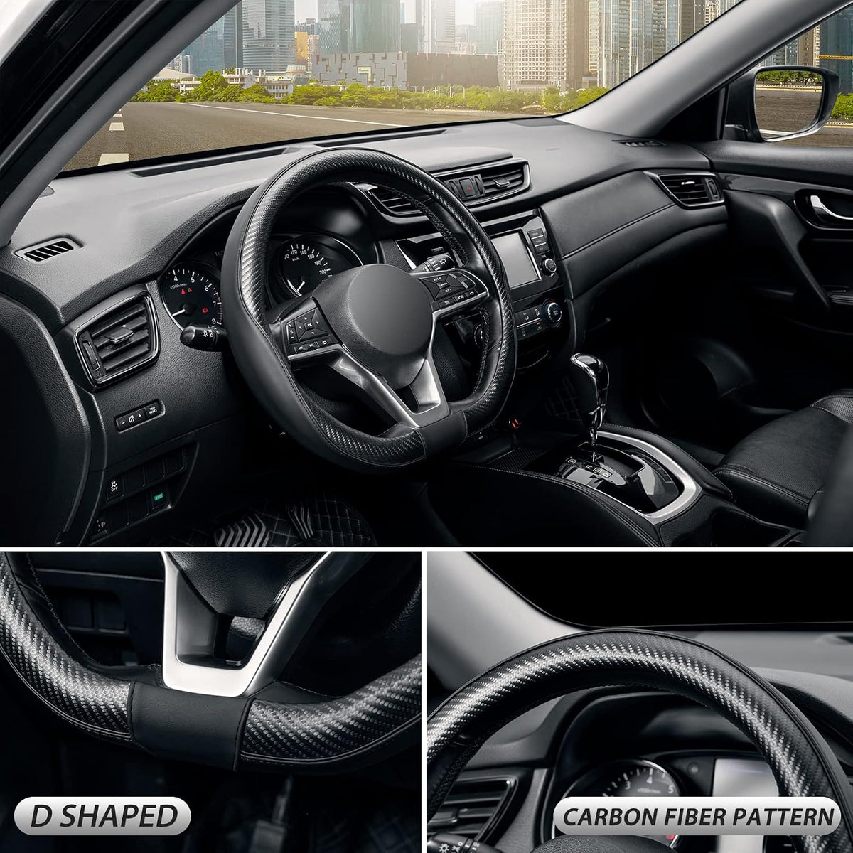 SEG Direct D Shaped Steering Wheel Cover 14.5-15 inch, Black Carbon Fiber