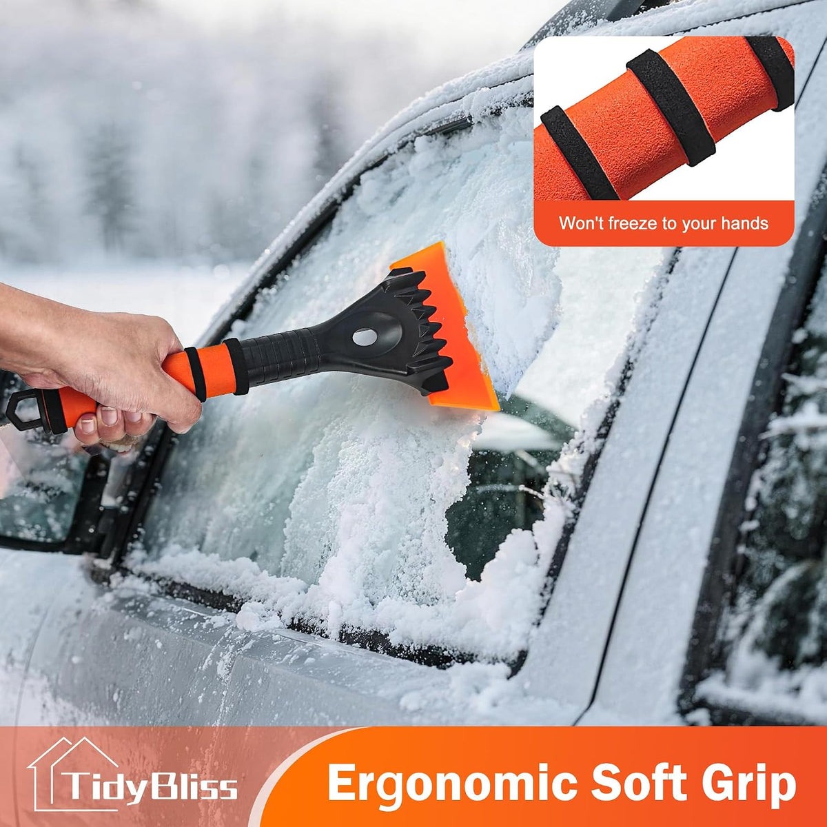 TidyBliss Ice Scraper for Car Windshield, 5 inches Wide TPU Blade, Frost Remover with Ergonomic Foam Grip for SUV Truck Glass Window (Orange)