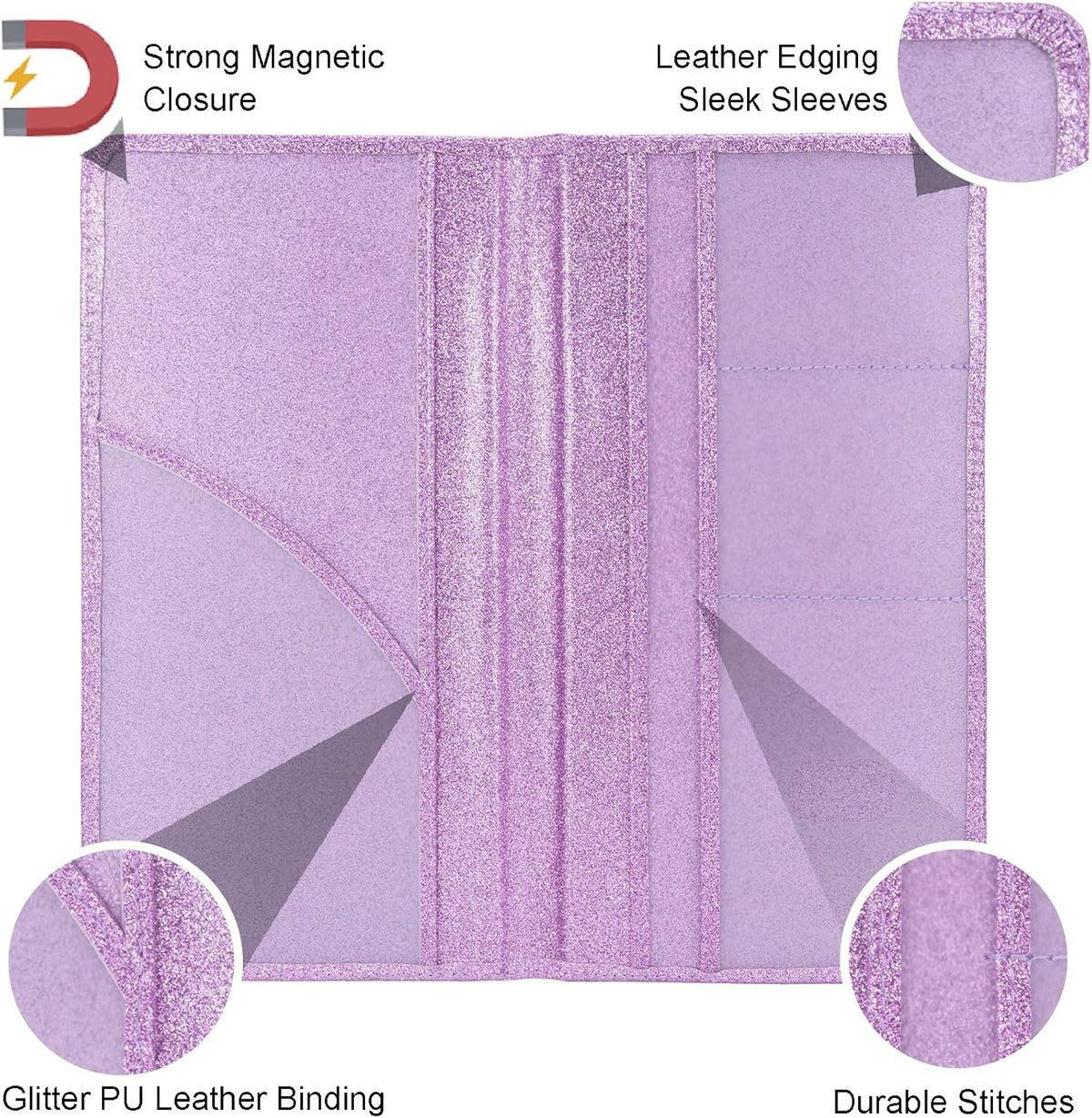 Leather Car Registration and Insurance Holder Magnetic Shut, Glitter Purple