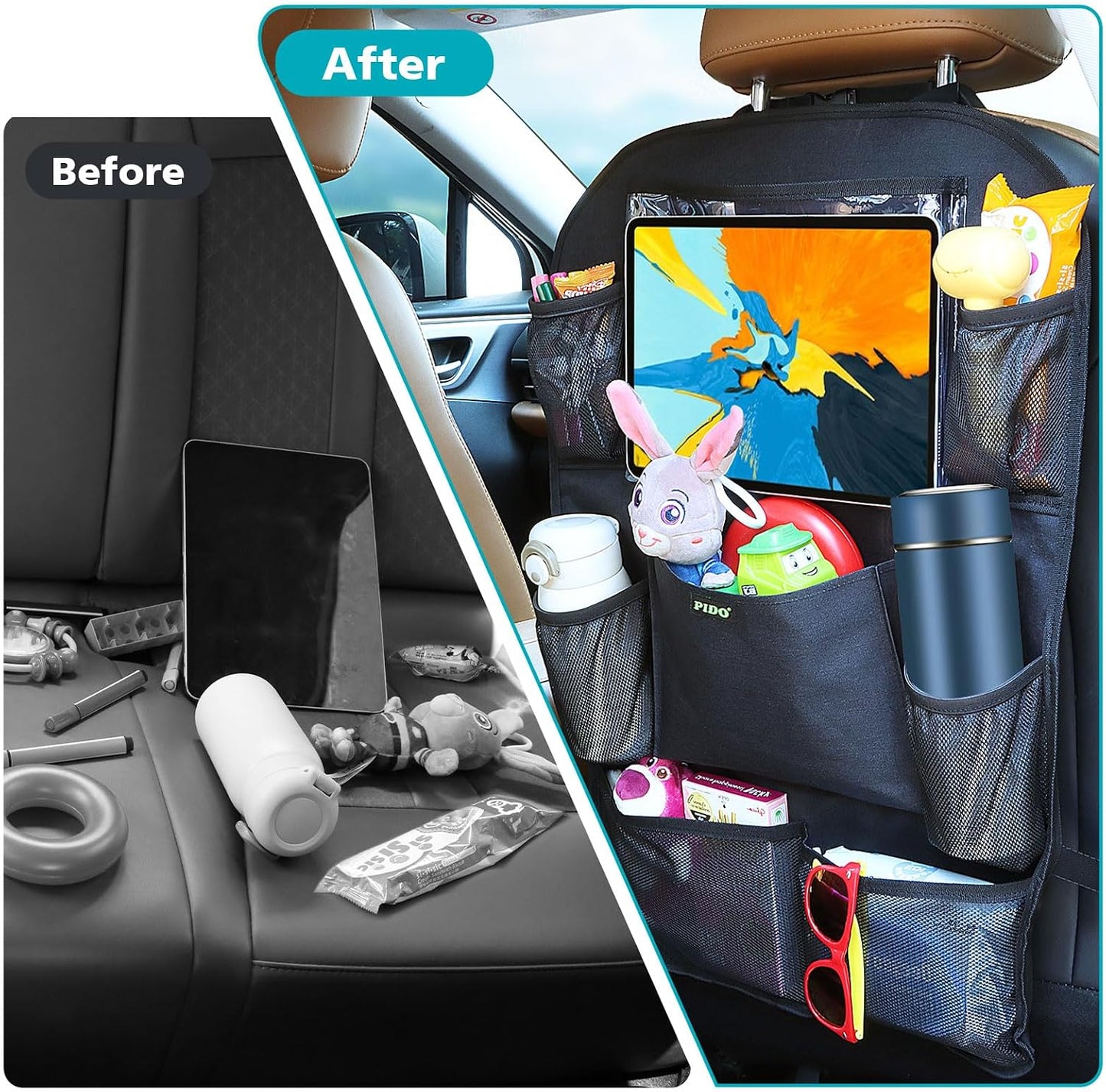 PIDO Backseat Car Organizer, 2 Pack Car Seat Organizer for Kids with Touch Screen Tablet Holder and 8 Pockets, Automotive Seat Back Kick Mat Made with Heavy Duty Fabric, Road Trip Essentials, Black
