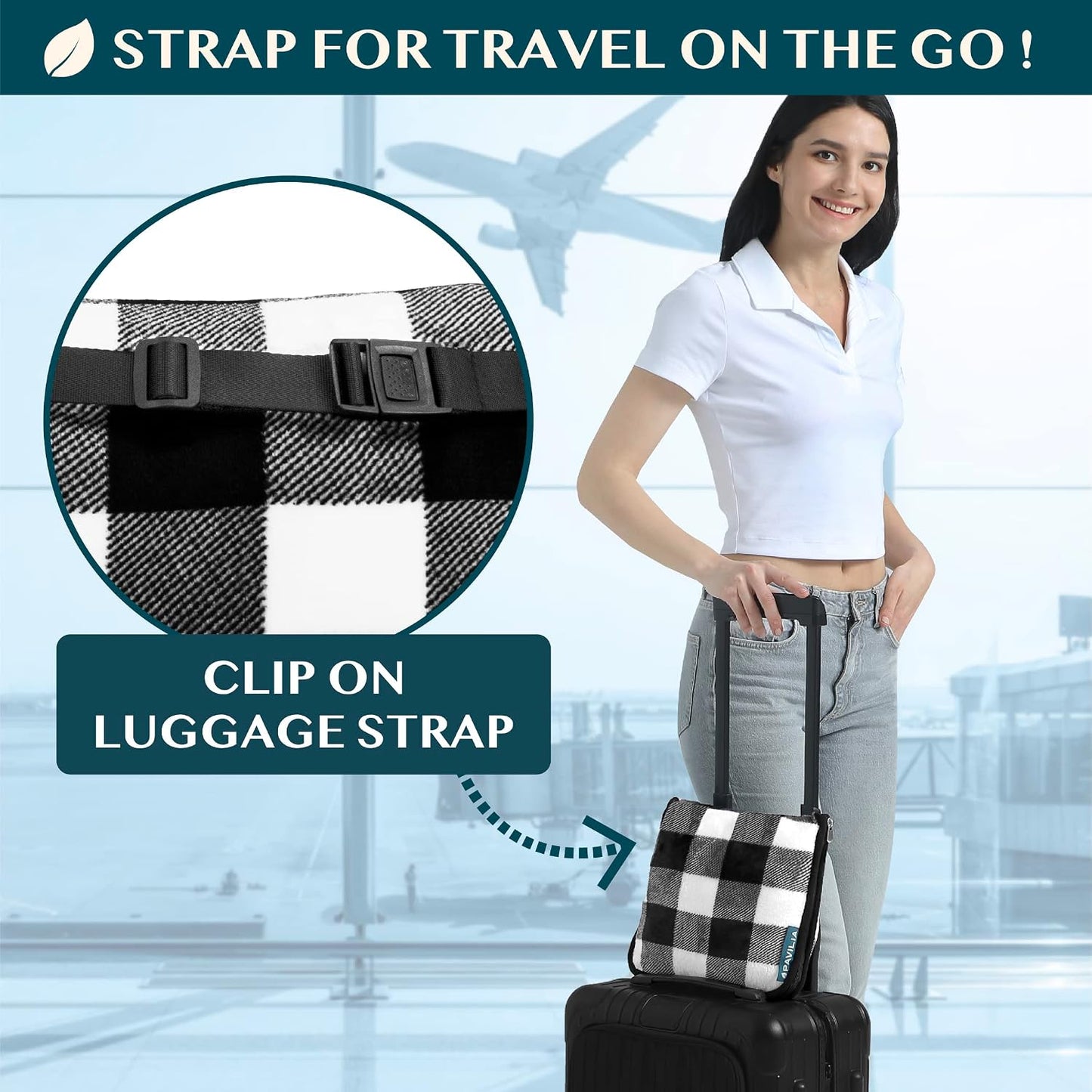 PAVILIA Travel Blanket Pillow, Soft Airplane Blanket 2-in-1 Combo Set, Plane Blanket Compact Packable, Flight Essentials Car Pillow, Travelers Gifts Accessories, Backpack Strap, 60x43 Checker White