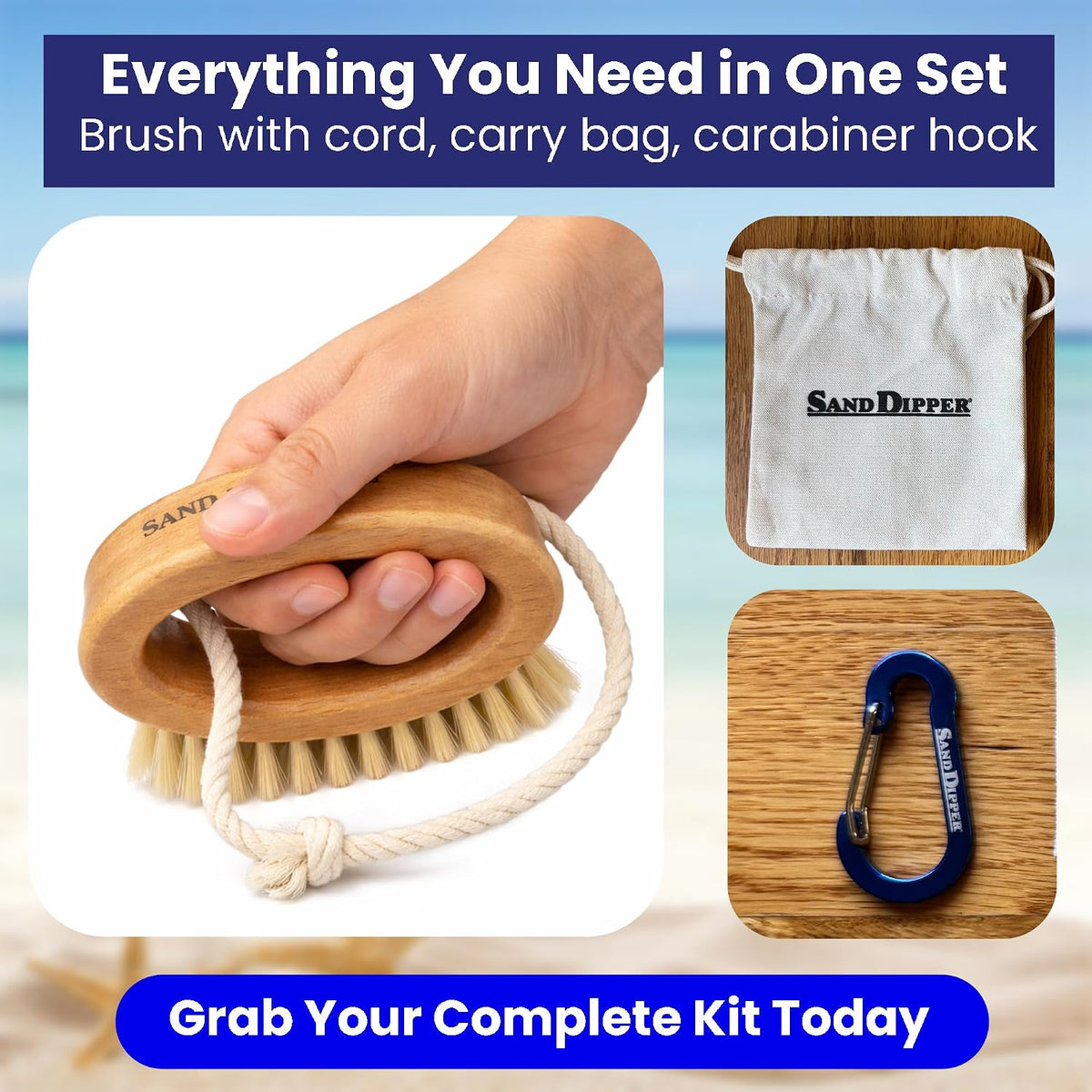 Sand Dipper Beachy Clean Sand Brush – Ergonomic Oval Grip Handle, Removes Sand from Feet, Gear, Pets & Car Mats – Beach, Camping & Travel Essential