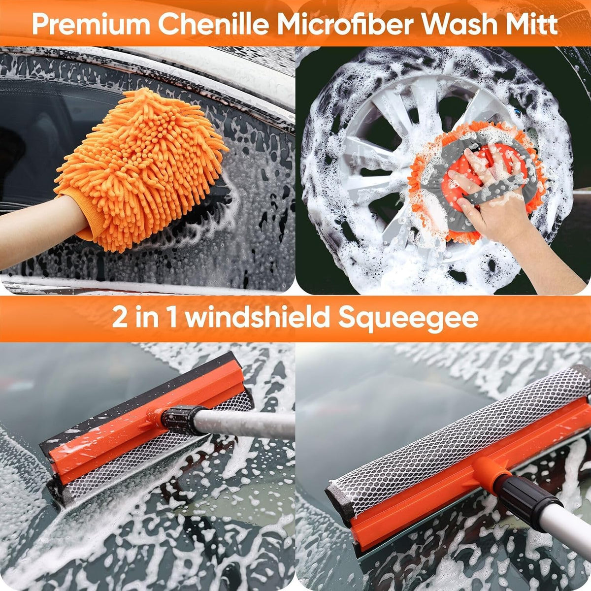 62'' Car Wash Brush with Long Handle, Complete Car Wash Kit, Scratch-Free Car Cleaning Brush Mop Kit with Clay Bar, Wash Mitt, Window Squeegee, Wheel Brush, Storage Bag for Car Truck RV
