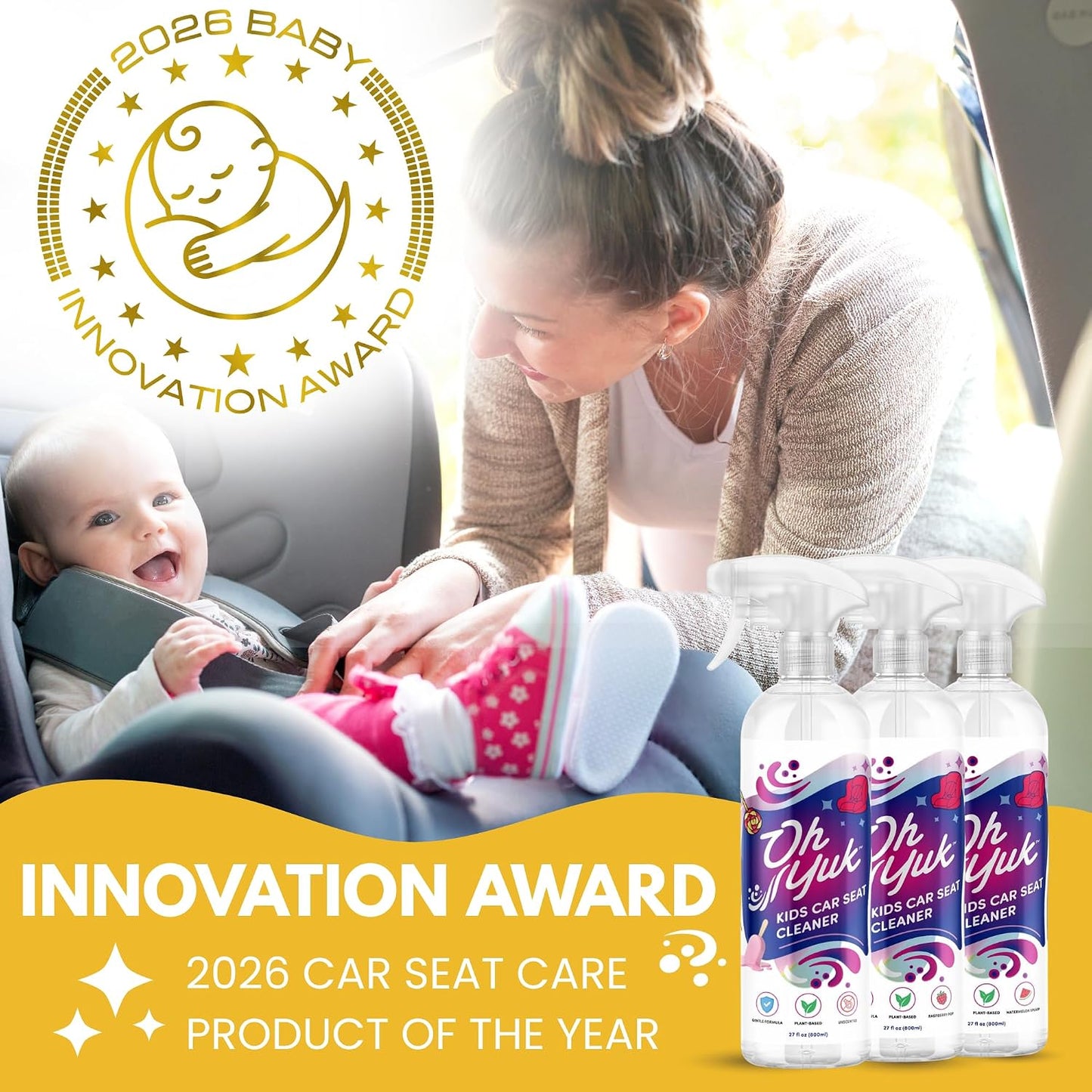 Oh Yuk Kids Car Seat Cleaner Spray, Probiotic Stain & Odor Remover for Kids Car Seats, Strollers & Fabric, Cleans Food, Milk & Juice Spills, Plant-Based Formula, 27 fl oz (Raspberry Pop)