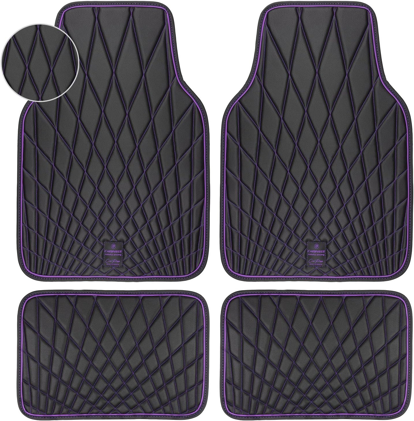 CAR PASS Faux Leather Floor Mats for Cars, Luxury Waterproof All Weather Car Mats Full Set, Anti-Slip Deluxe Automotive Mats Universal Fit for Most SUV Vans Sedans Trucks, 4 Piece Black and Purple