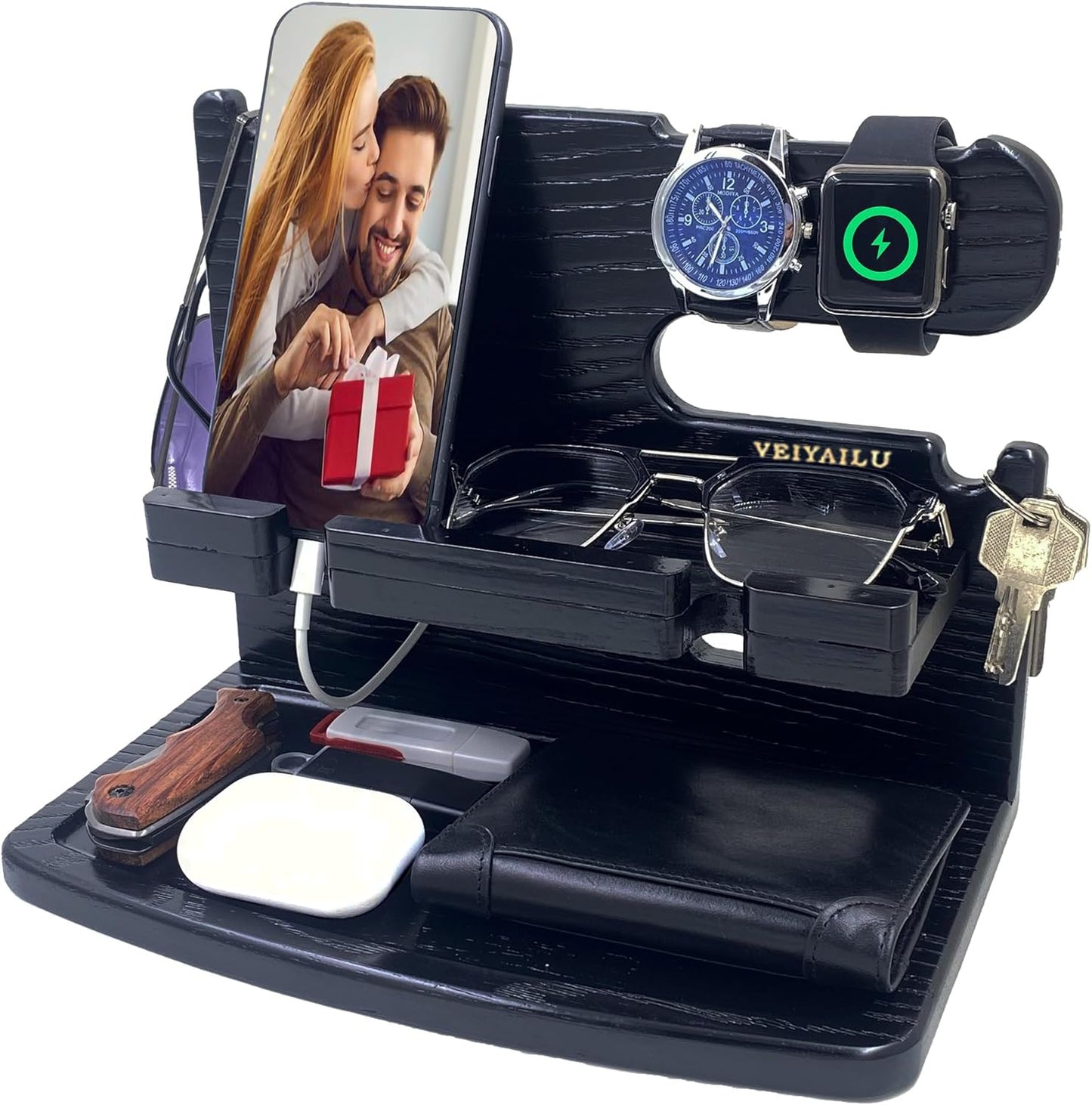 VEIYAILU Gifts for Men Dad Women Husband Boyfriend Him Nightstand Organizer for Men Wood Phone Docking Station Birthday Gifts (Black)