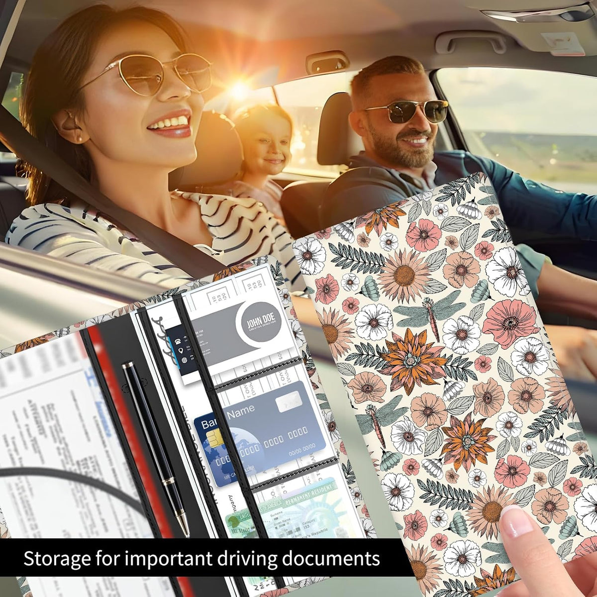 Premium Car Registration and Insurance Card Holder, Cute PU Leather Car Document Holder, Vehicle Glove Box Car Organizer with Magnetic Closure for Driver License, Cards Boho Flowers