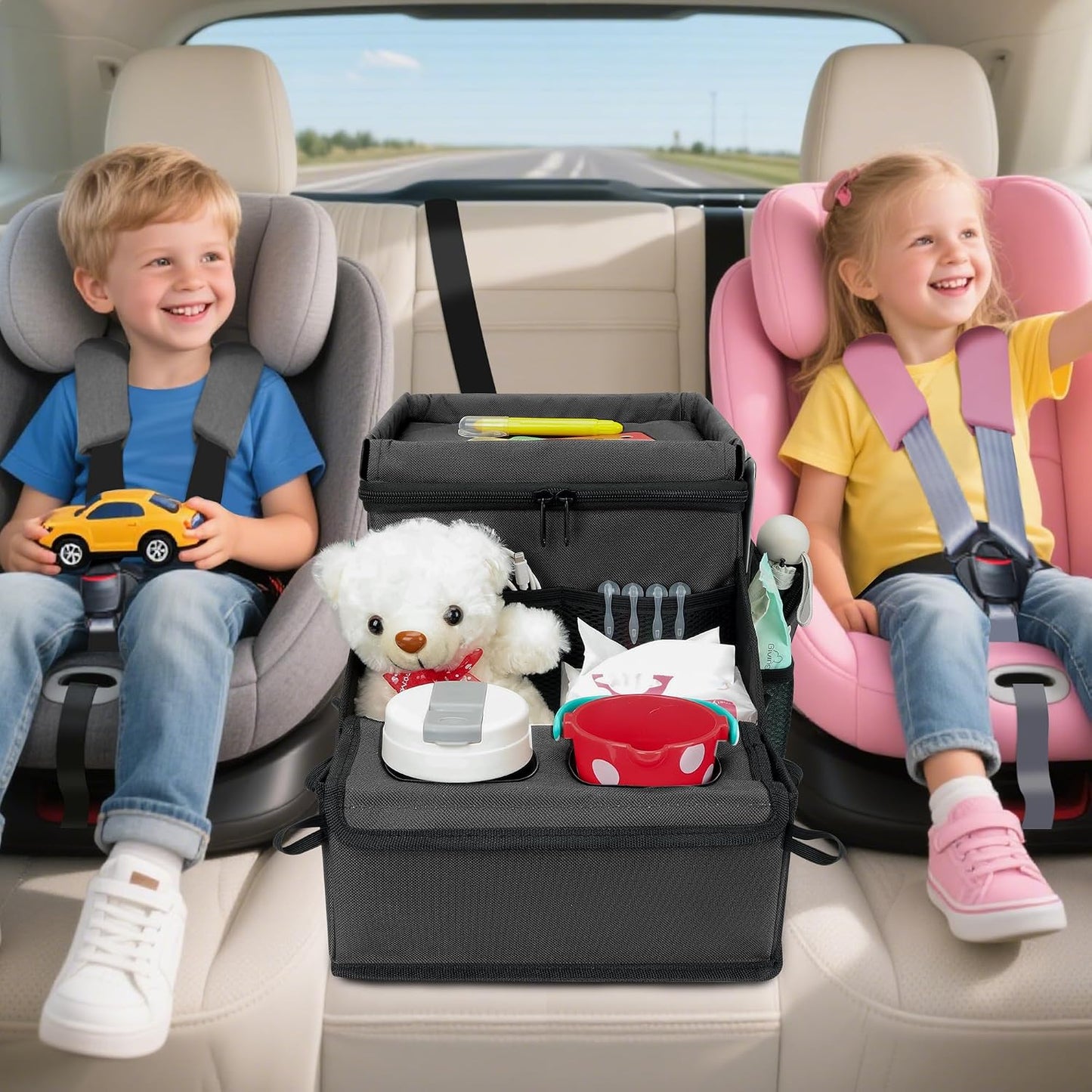 Car Front/Back Seat Organizer with Cup Holder, Movable Divider & Side Pockets, Insulated Compartment for Hot/Cold; Holds Bottles Firmly in Place, Non-slip, Easy-clean, Foldable with Strap