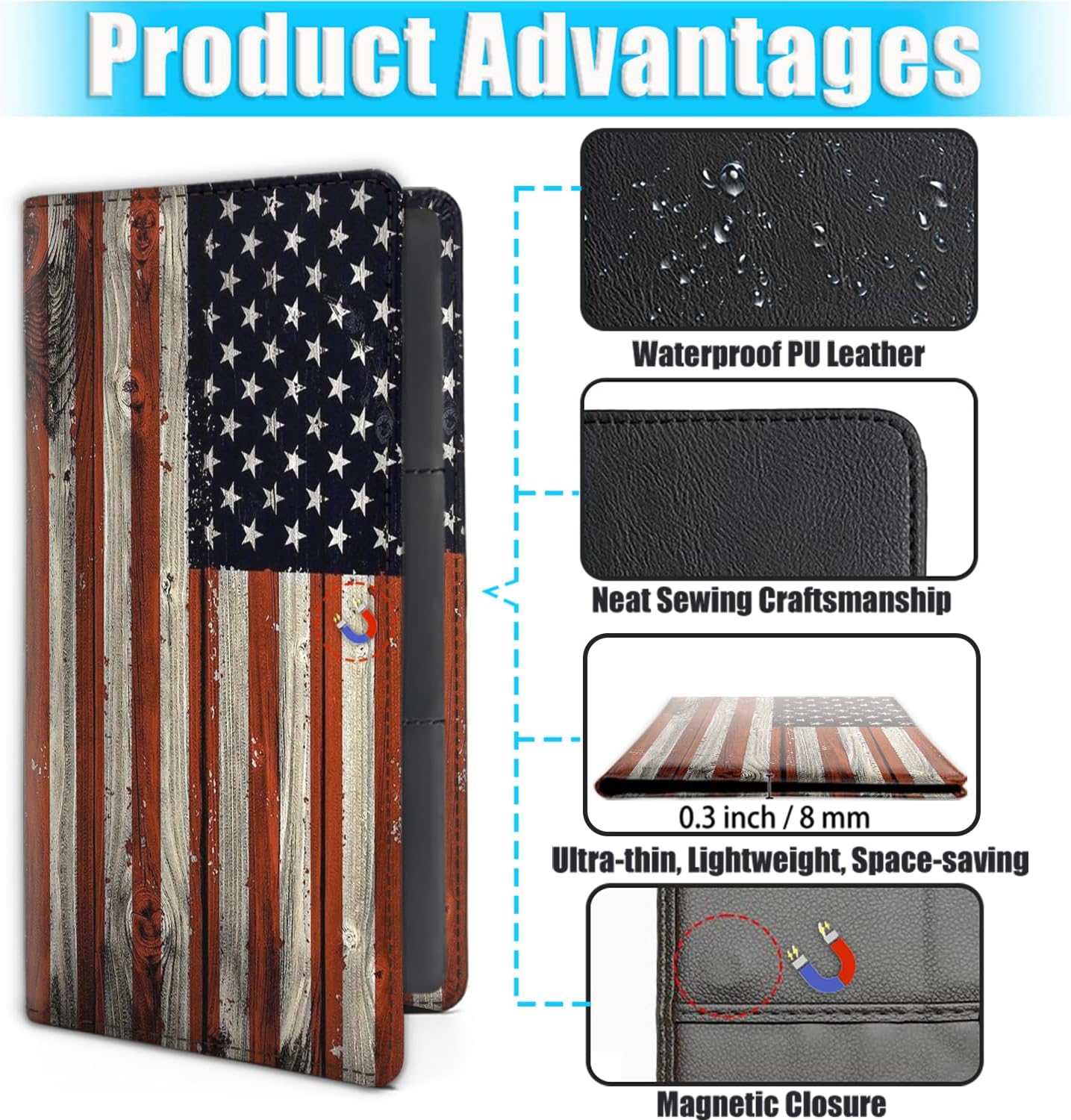 Car Document Holder with Magnetic Shut, PU Leather Car Registration & Insurance Card Holder for Driver License, Cards & Essential Documents, Vehicle Glove Box Organizer, American Flag Pattern