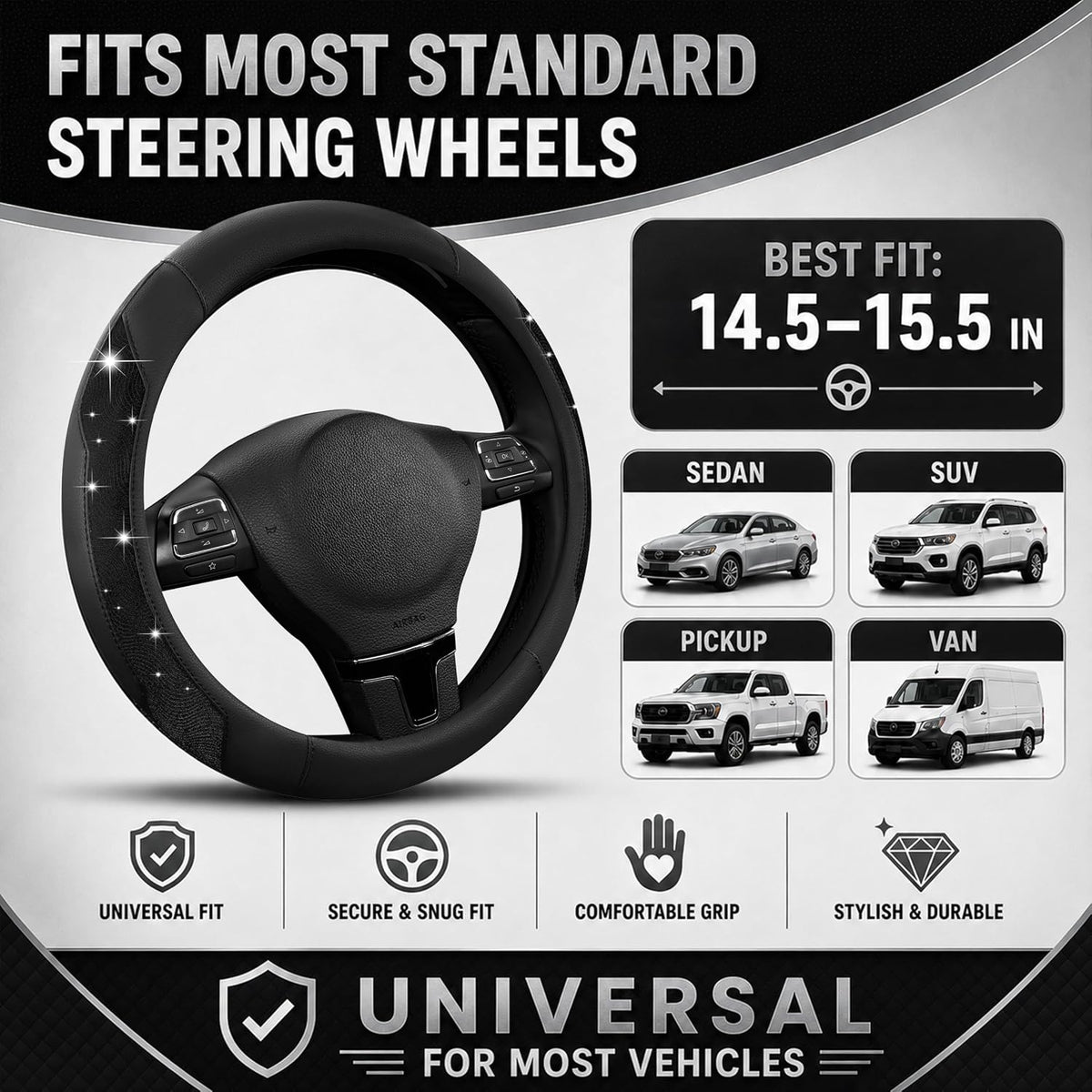 PIC AUTO Steering Wheel Cover, Black Sparkly Crystal Bling Glitter with Leather, Universal Fit 14.5"-15.5" Car Steering Wheels for Girls & Women, Anti-Slip Wheels Cover for Cars, Trucks, Van, SUVs