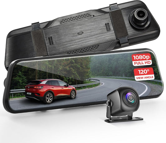 Pyle Dual Dash Cam Rearview Mirror, 1080p Full HD Front and Rear Car Camera with Night Vision, G-Sensor, Loop Recording, 9.66” Touchscreen, Backup Cam, Motion Detection, Wide-Angle Lens, 12" x 2" x 3"