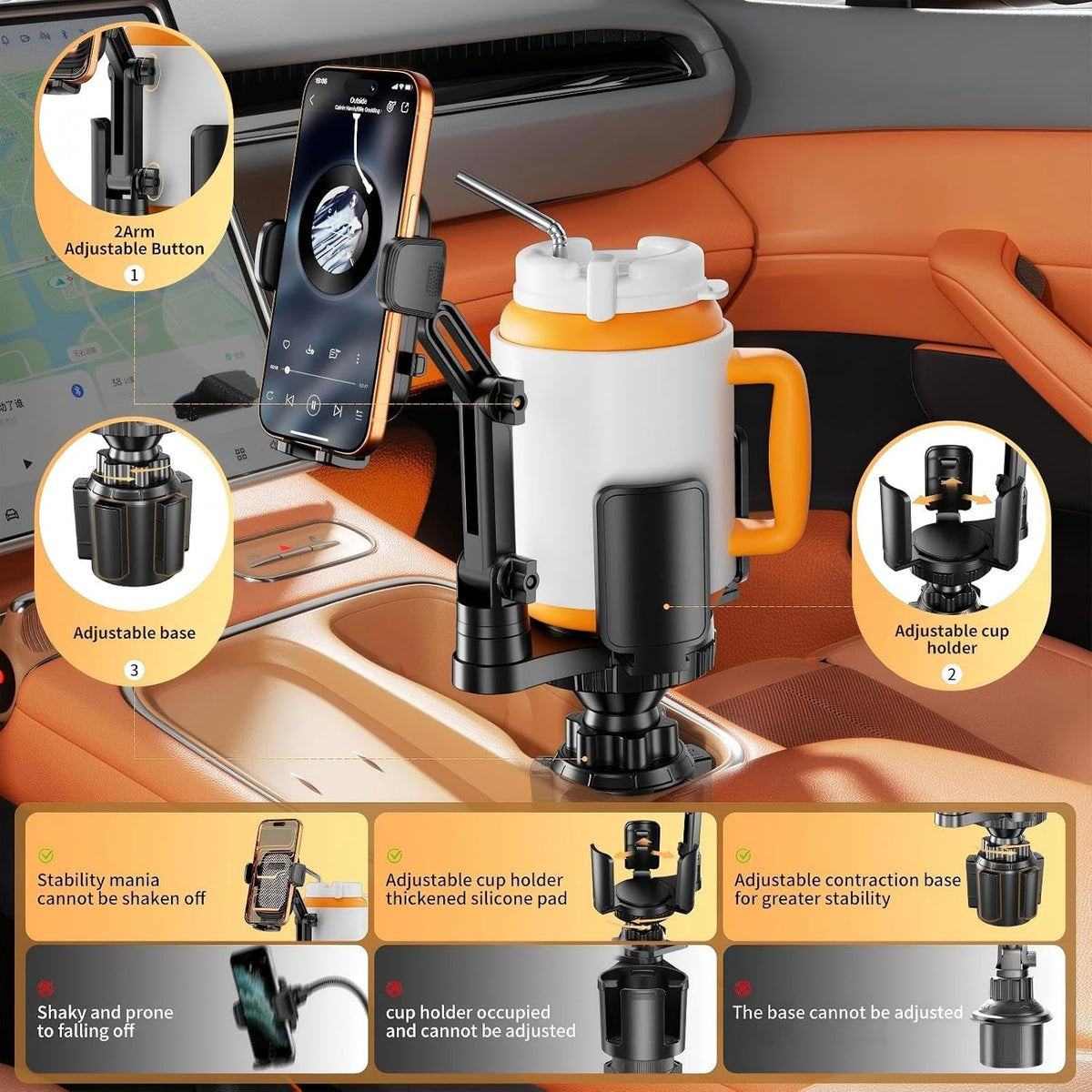 Phone Holders for Your Car, 2 in 1 Cup Holder Phone Mount with Expander, Secure Hold, Adjustable Base and Long Arm with 360°Rotation Car Phone Holder for 4-7‘’ devices and Up to 5.31'' Most Bottles