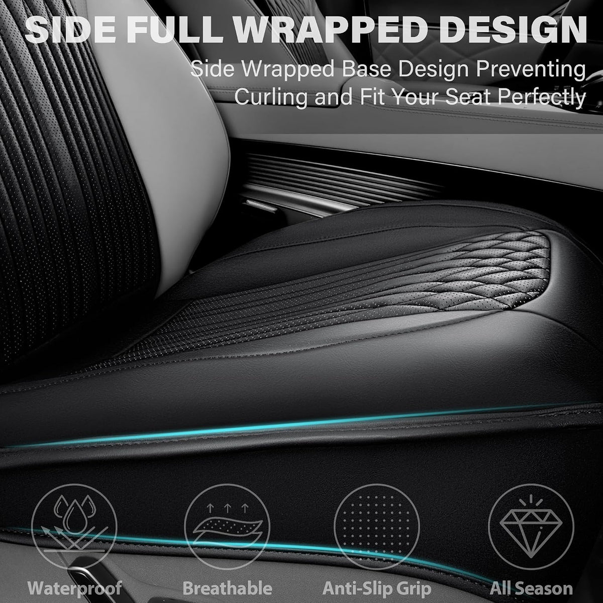 CAR PASS Car Seat Protector, Sideless Seat Covers for Cars, All Season Waterproof Nappa Leather Breathable Front Seats Cushion with Storage Pocket Universal Fit Vehicle Car SUV Truck, 2 Pack All Black