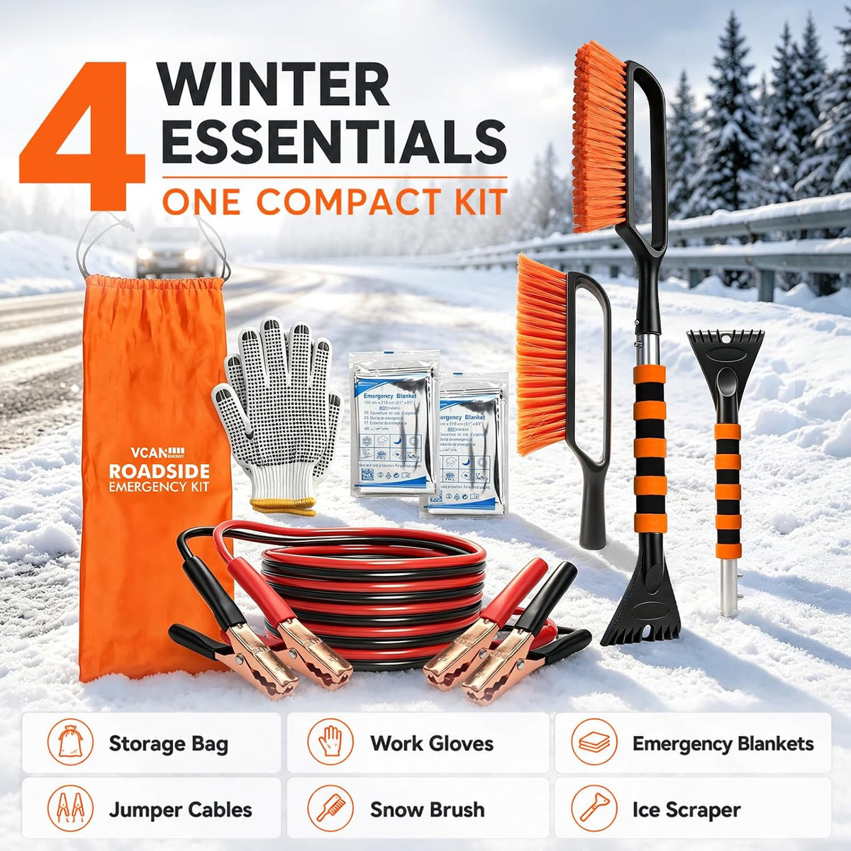 Winter Car Emergency Kit with Jumper Cables, 2-in-1 Detachable Snow Brush