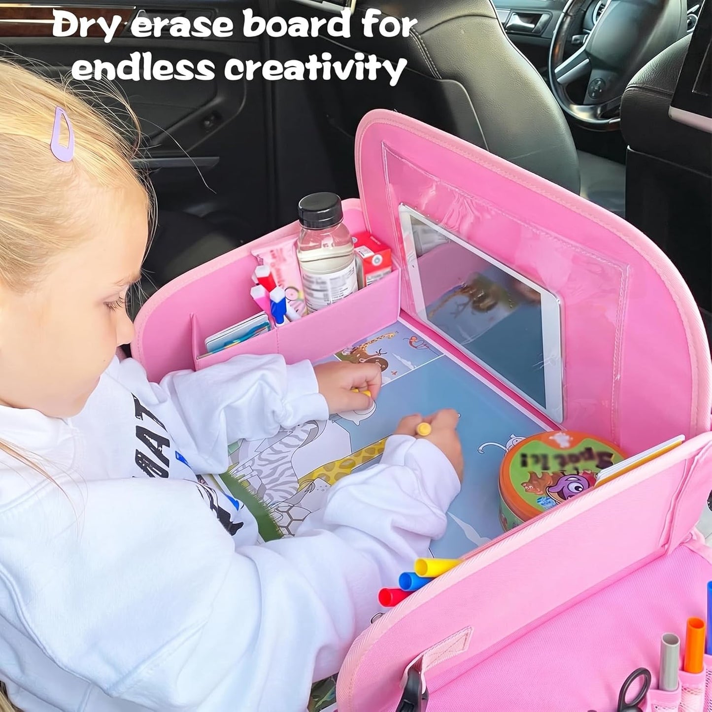 MENZOKE Kids Travel Tray for Toddler Car Seat, Road Trip Activities for Kids with iPad Holder Stand & Dry Erase Board, Road Trip Essentials Accessories Lap Tray as Travel Gifts for Kid, Pink