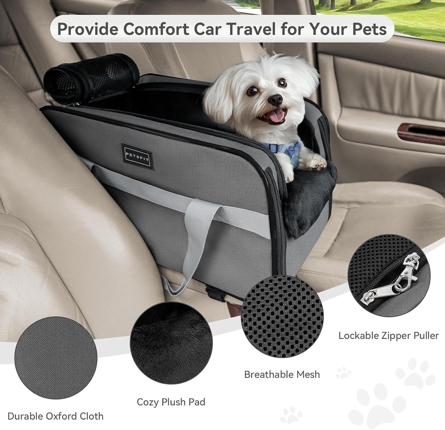 PETSFIT Multipurpose Center Console Dog Car Seat, Airline Approved Dog Car Carrier with Safety Tether and Pockets, Portable Cat Car Seat, Dog Car Seats for Small Dogs, Cats Up to 9 LBS (Deep Grey)