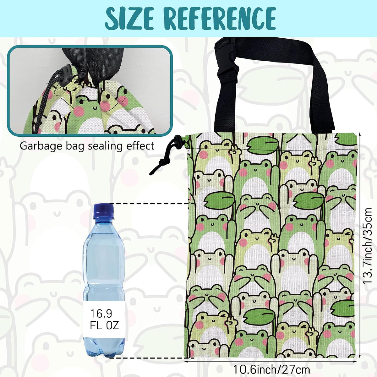 Car Garbage Bag Cute Cartoon Frogs Drawstring Car Trash Bag Hanging for Back Seat with Adjustable Buckle Canvas Vehicle Trash Can Easy-to-Install