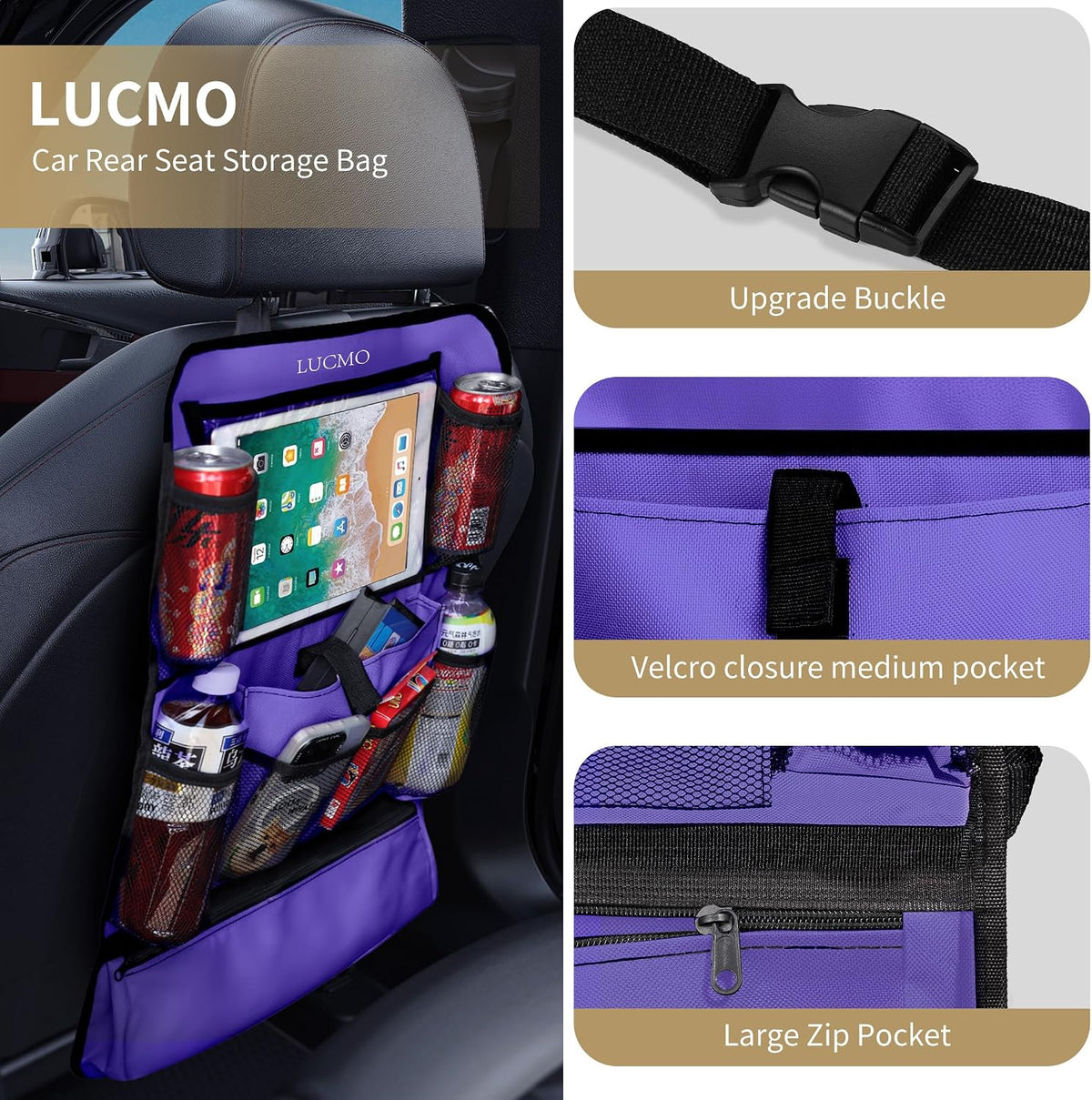 LUCMO Car Backseat Organizer with Touch Screen Tablet Holder, Dark Purple