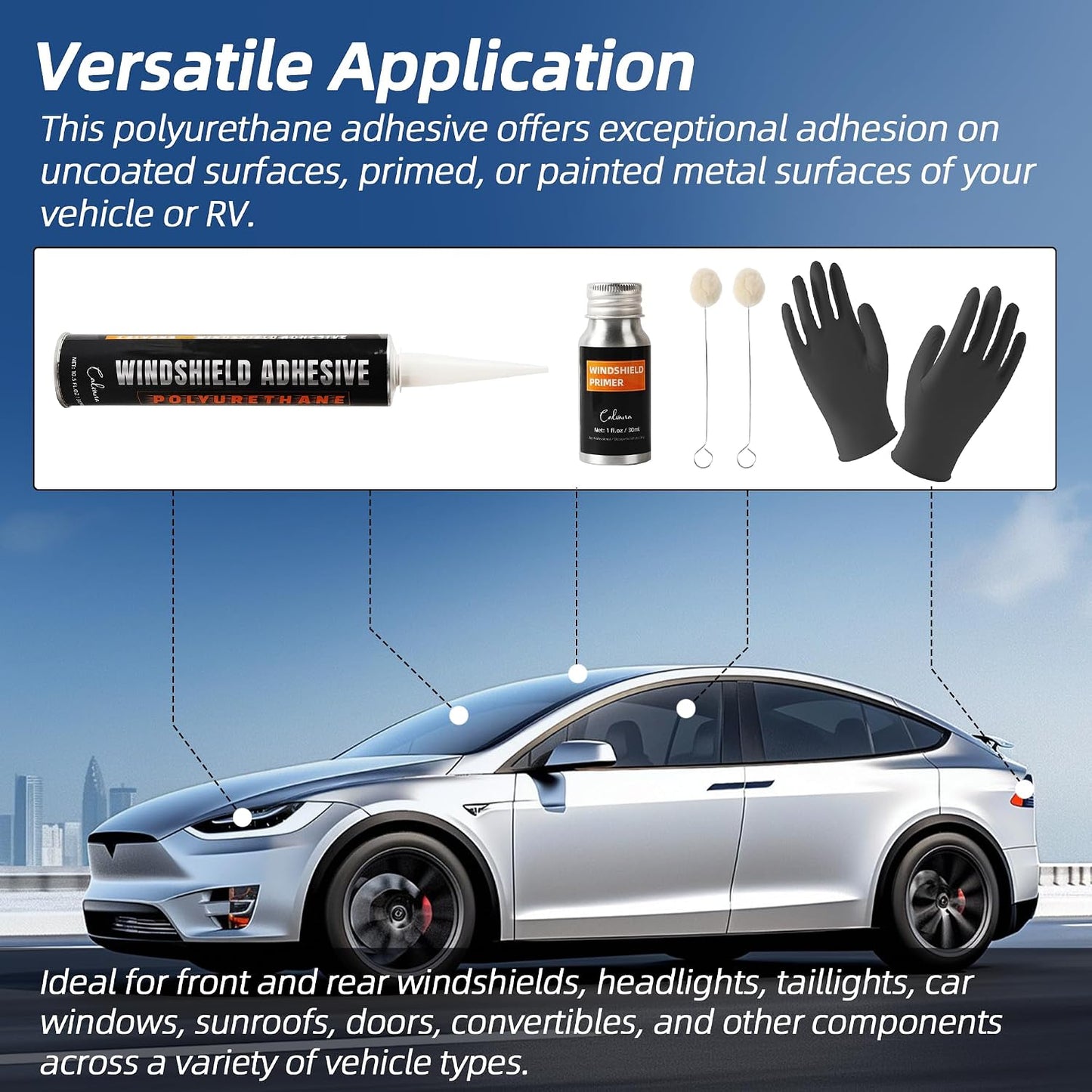 Calvana Urethane Windshield Adhesive 310ml, Automotive Polyurethane Sealant, Car Glass Chip & Crack Repair Kit with 1 windshiel Primer, 1 Pair Gloves, 2 Applicator Sticks, Quick Curing, Black